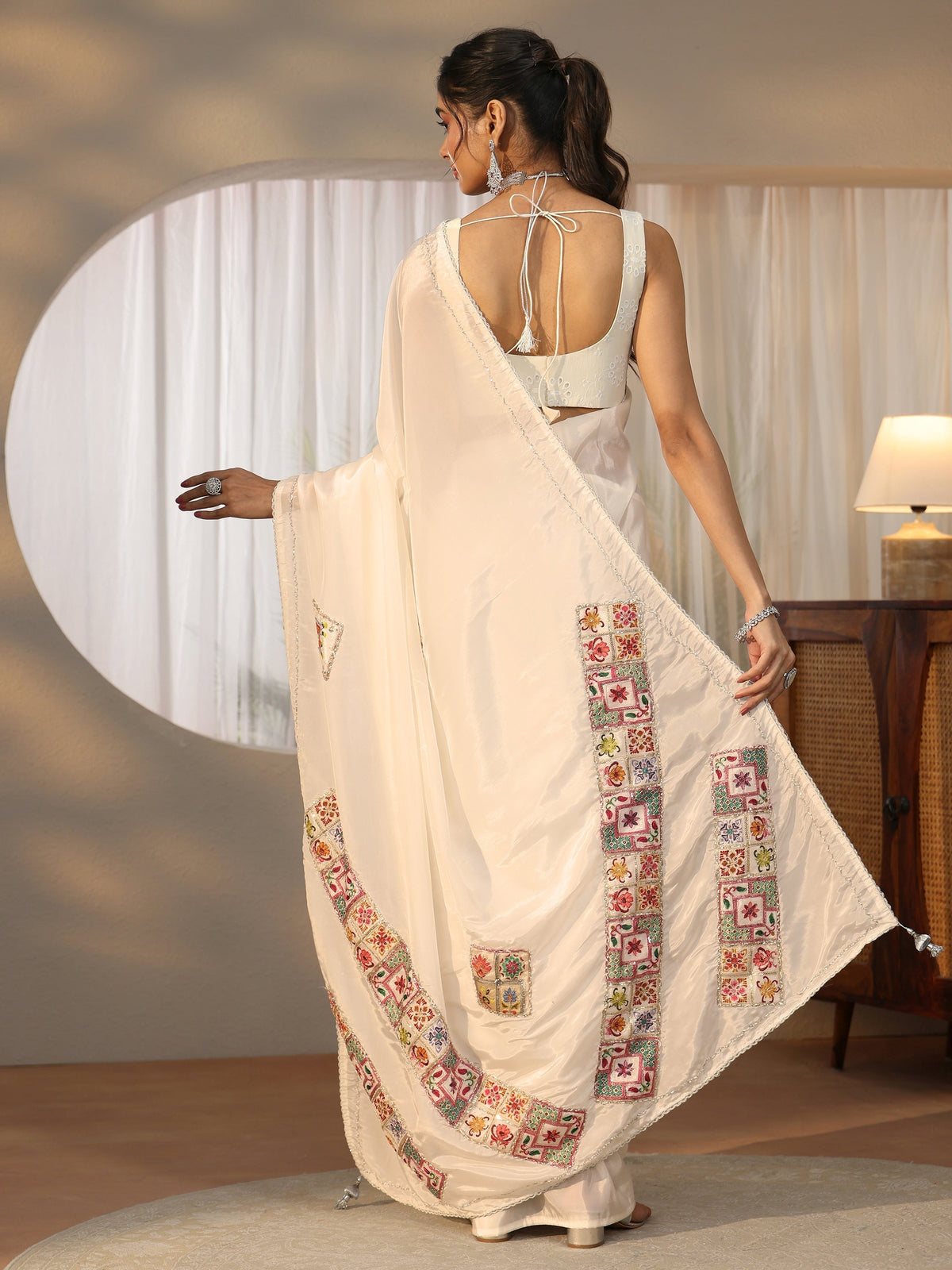 Anouk Cream Satin Saree with Applique Design