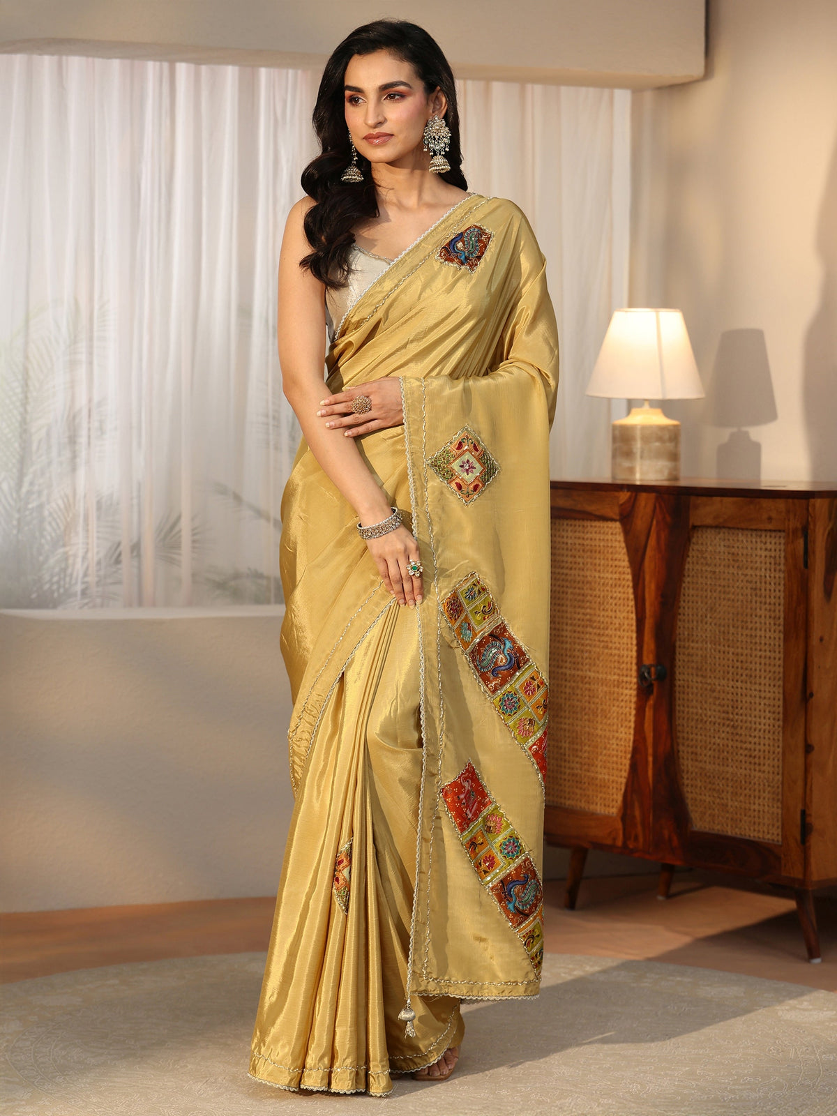 Anouk Antique Yellow Satin Saree with Applique Design