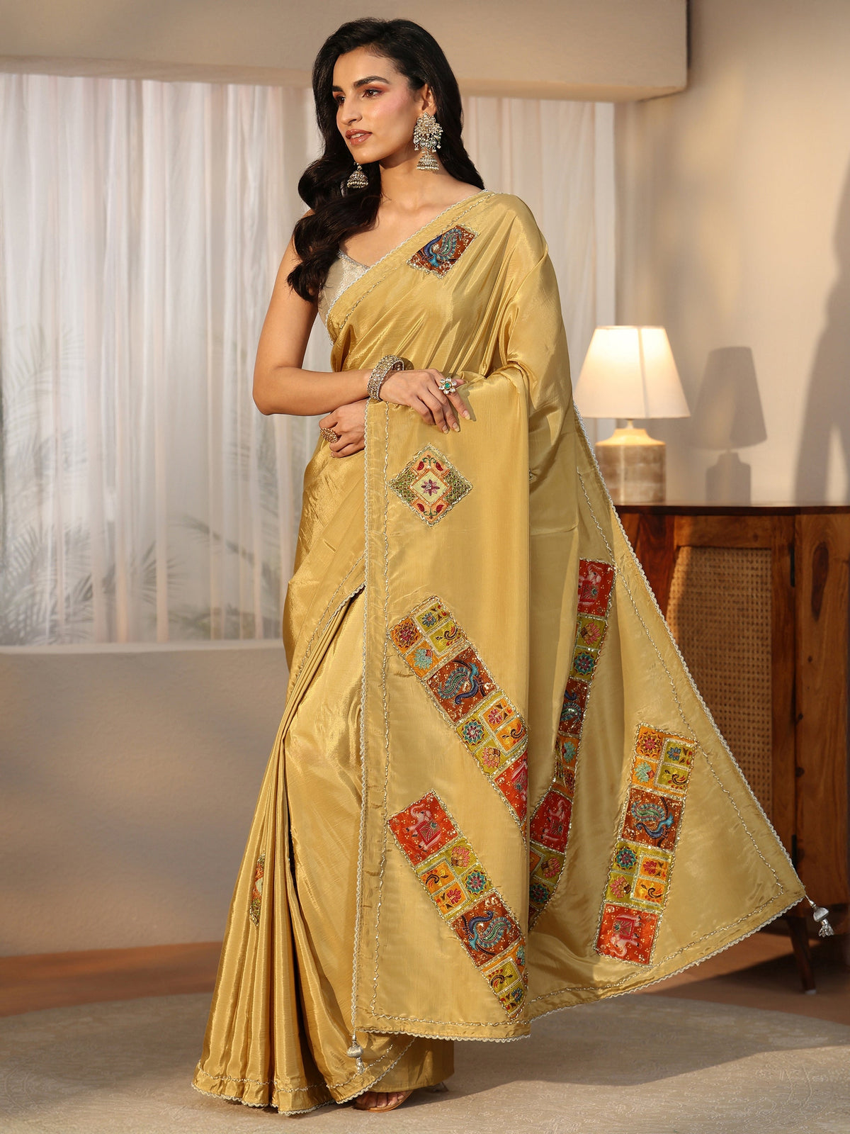 Anouk Antique Yellow Satin Saree with Applique Design