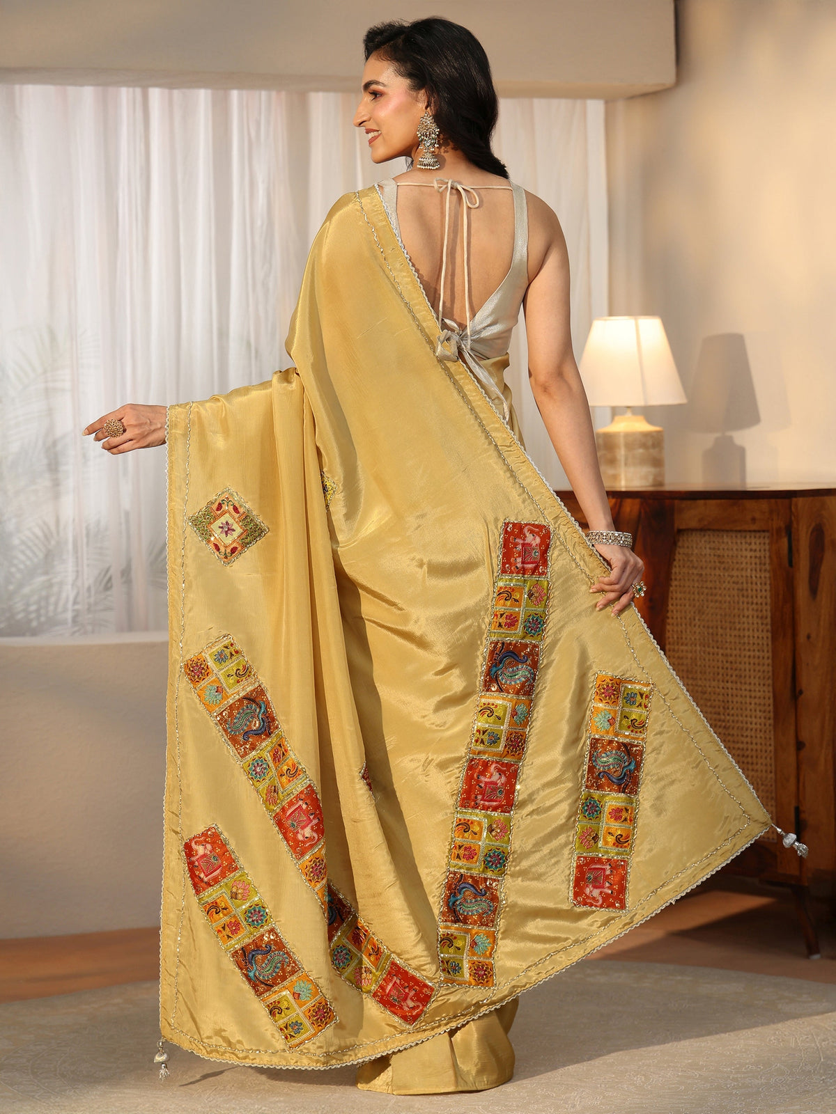 Anouk Antique Yellow Satin Saree with Applique Design