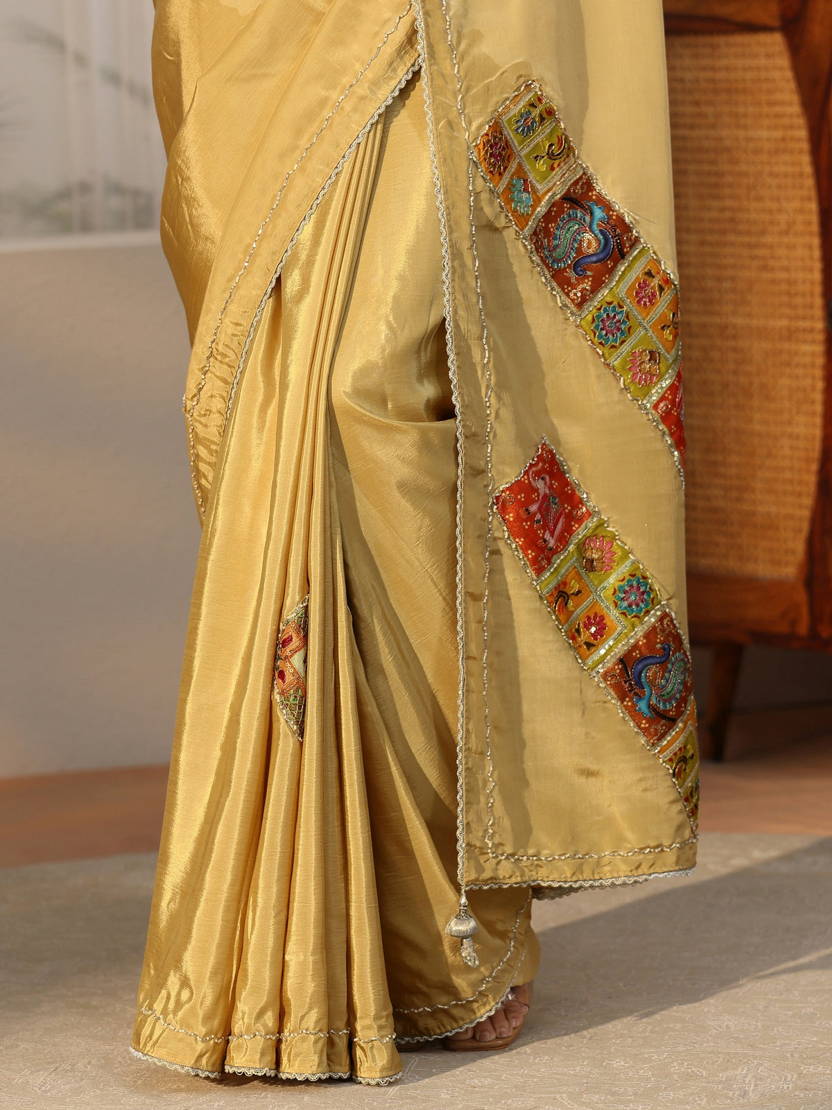 Anouk Antique Yellow Satin Saree with Applique Design