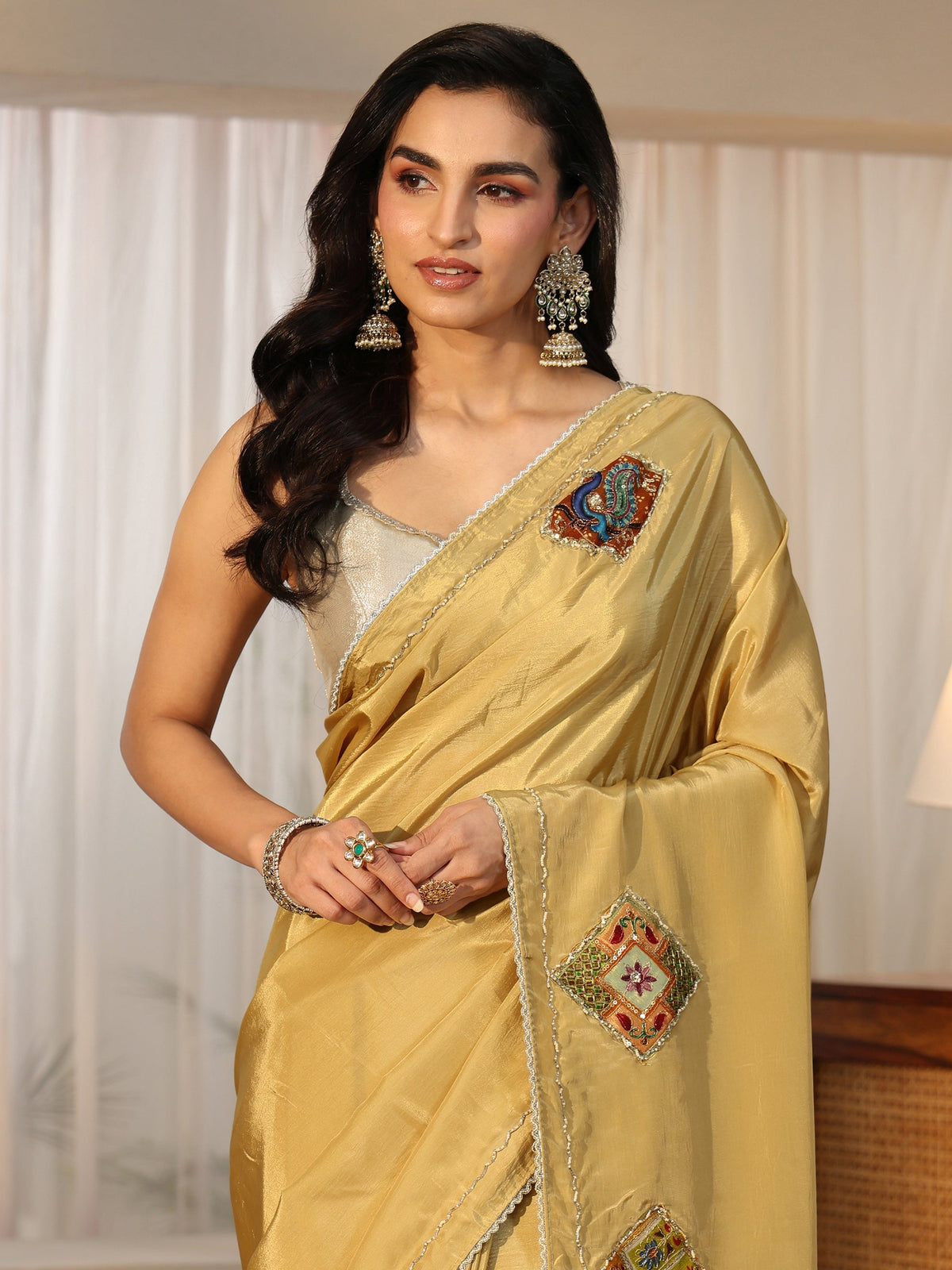 Anouk Antique Yellow Satin Saree with Applique Design