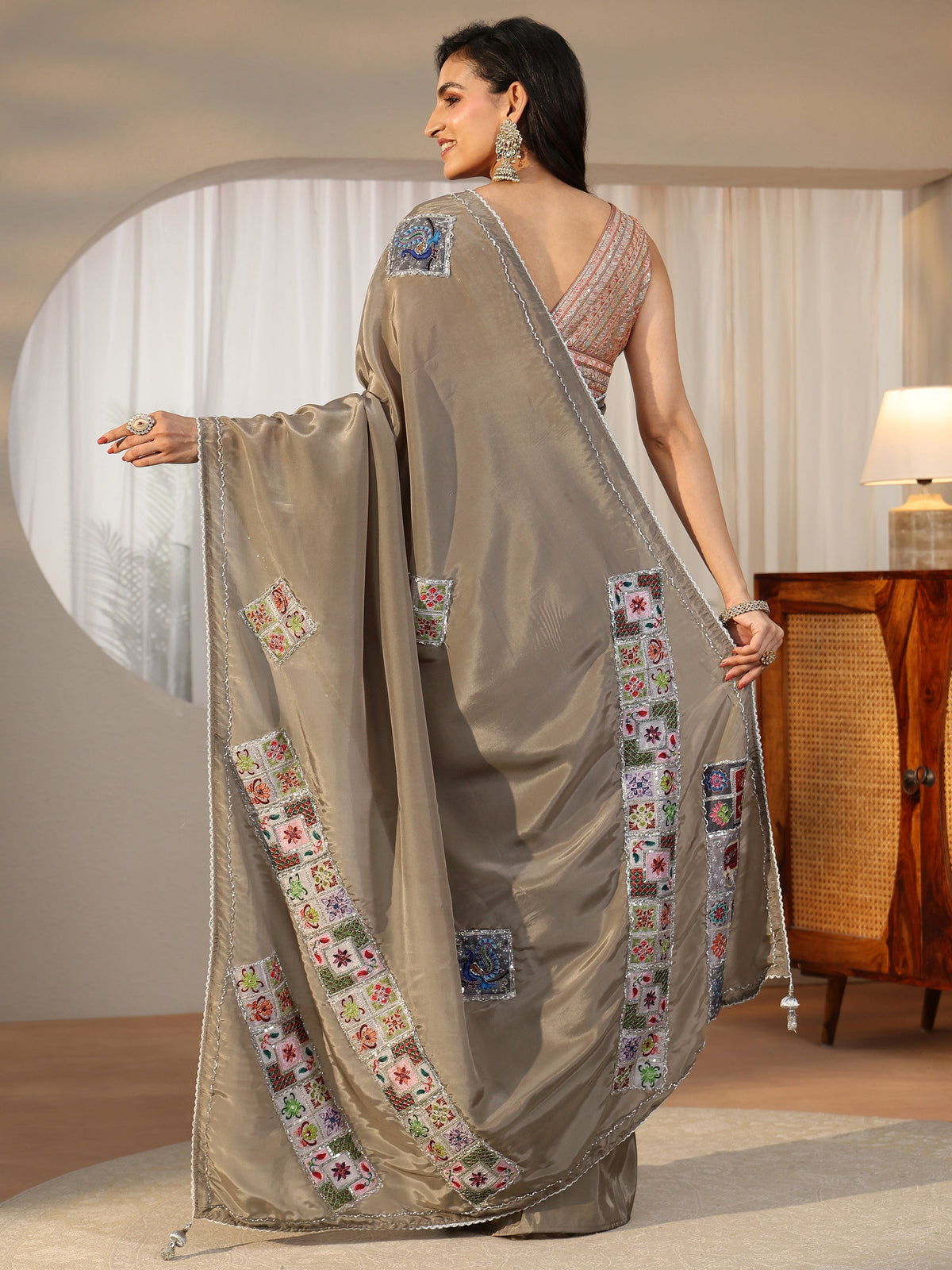 Anouk Taupe Grey Satin Saree with Applique Design