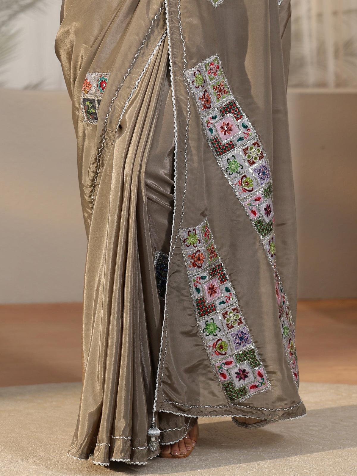 Anouk Taupe Grey Satin Saree with Applique Design