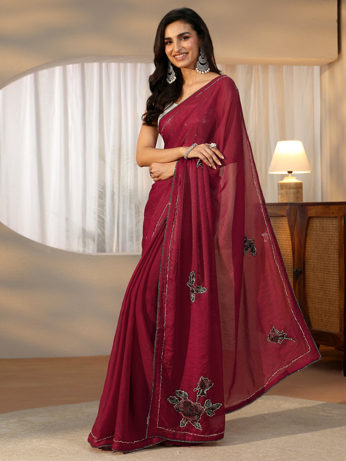 Anouk Wine Red Floral Applique Design Satin Saree