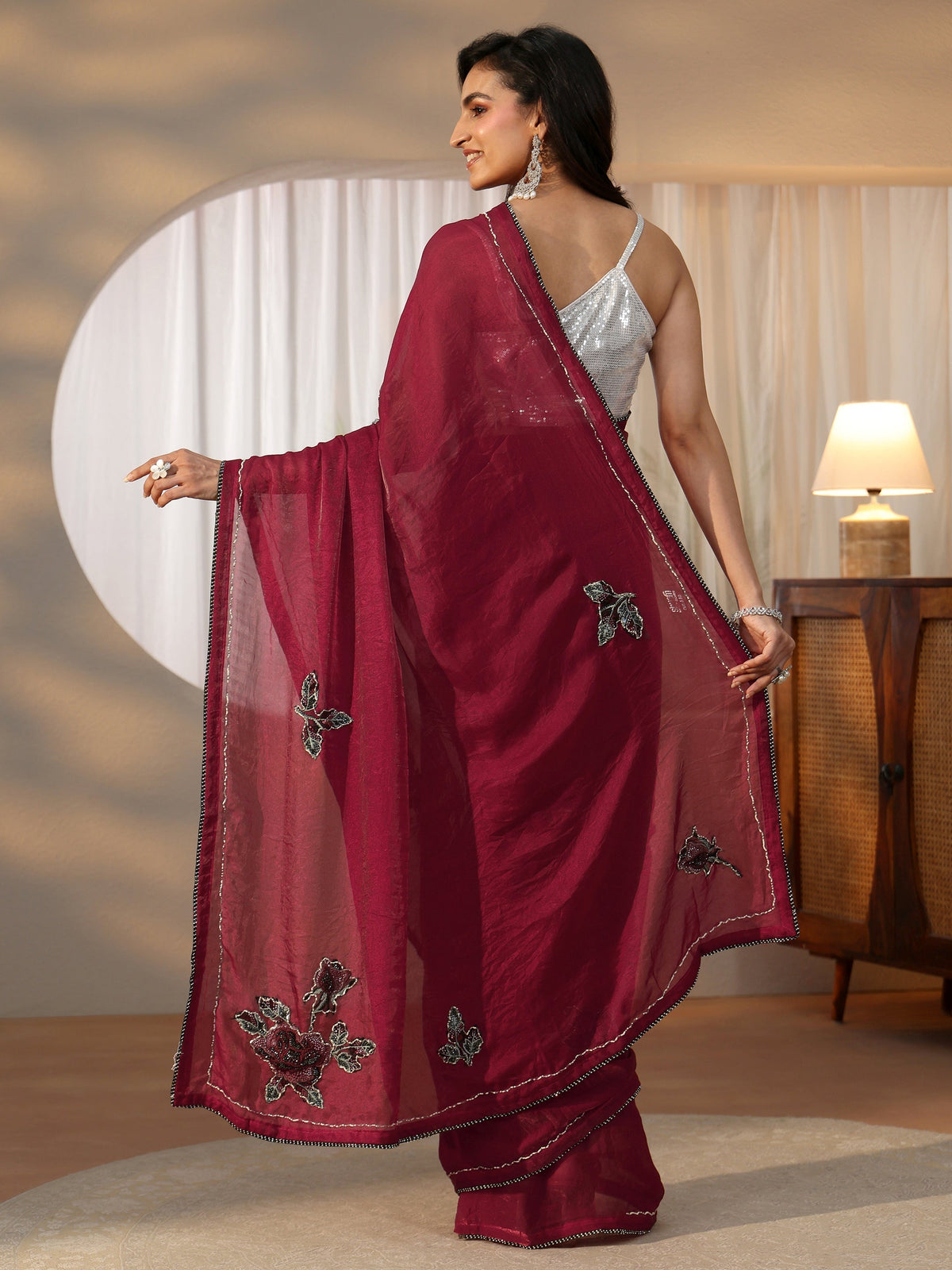 Anouk Wine Red Floral Applique Design Satin Saree