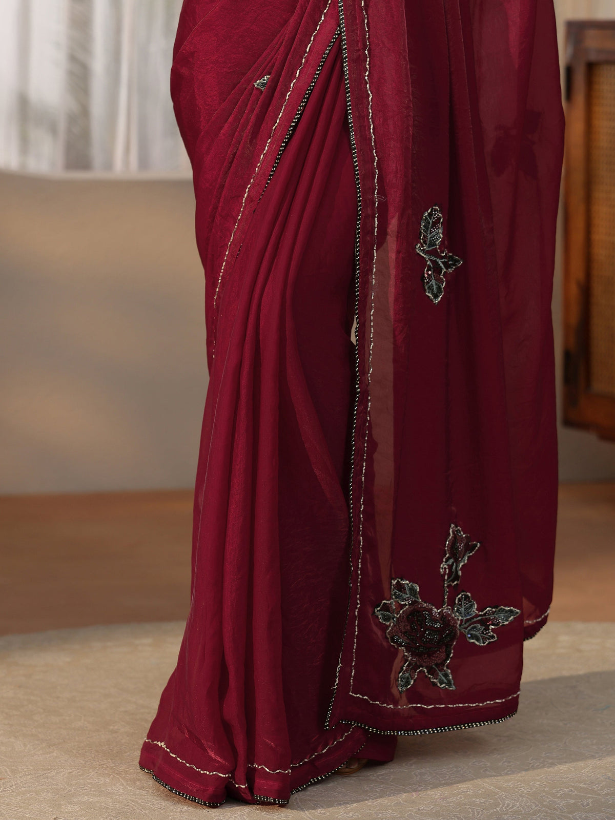 Anouk Wine Red Floral Applique Design Satin Saree