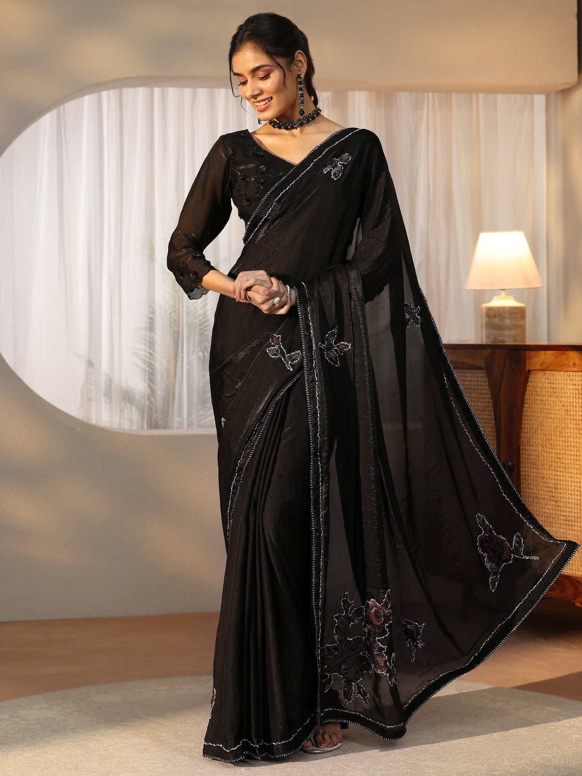 Anouk Black Floral Applique Design Satin Saree