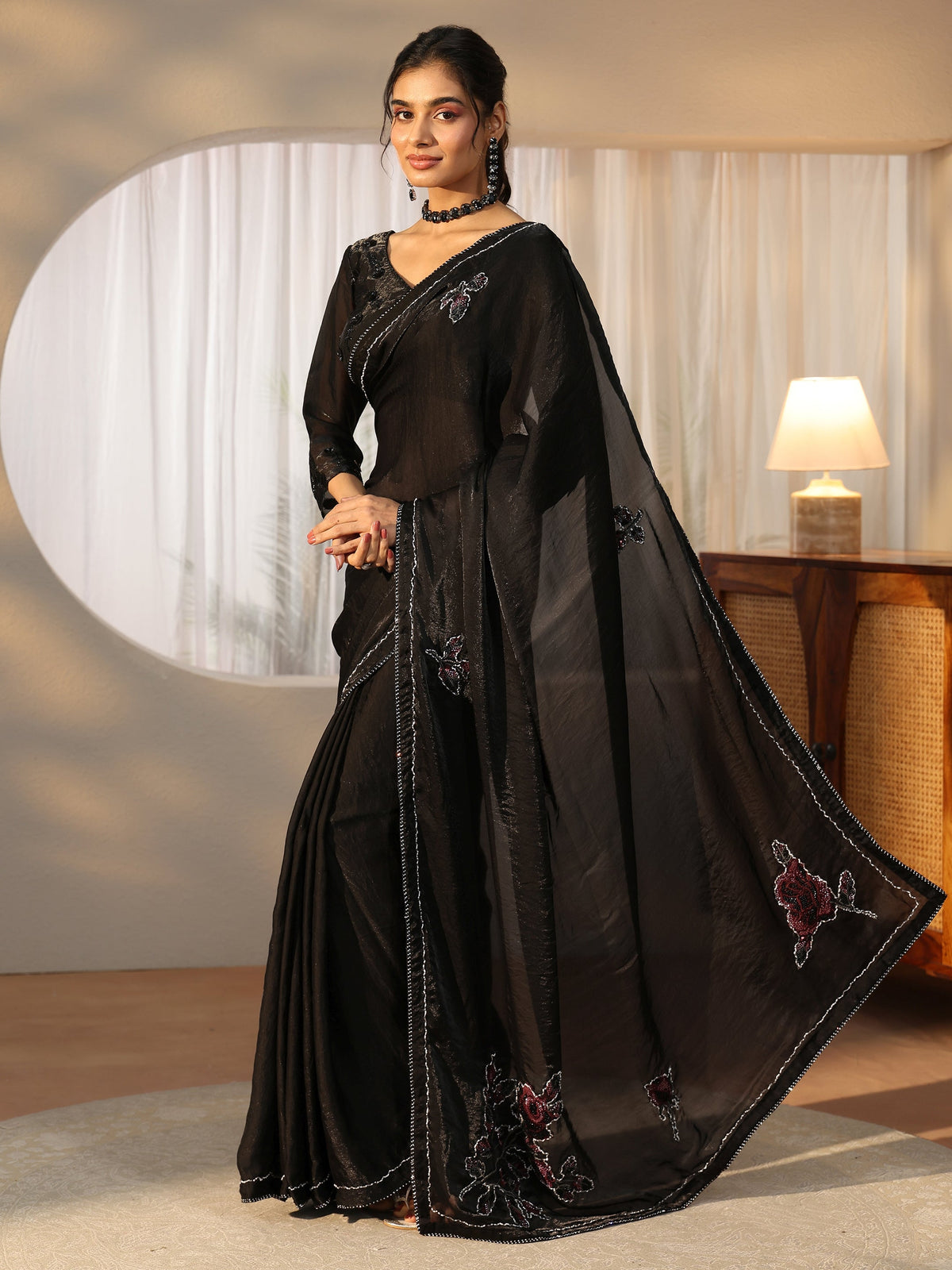 Anouk Black Floral Applique Design Satin Saree