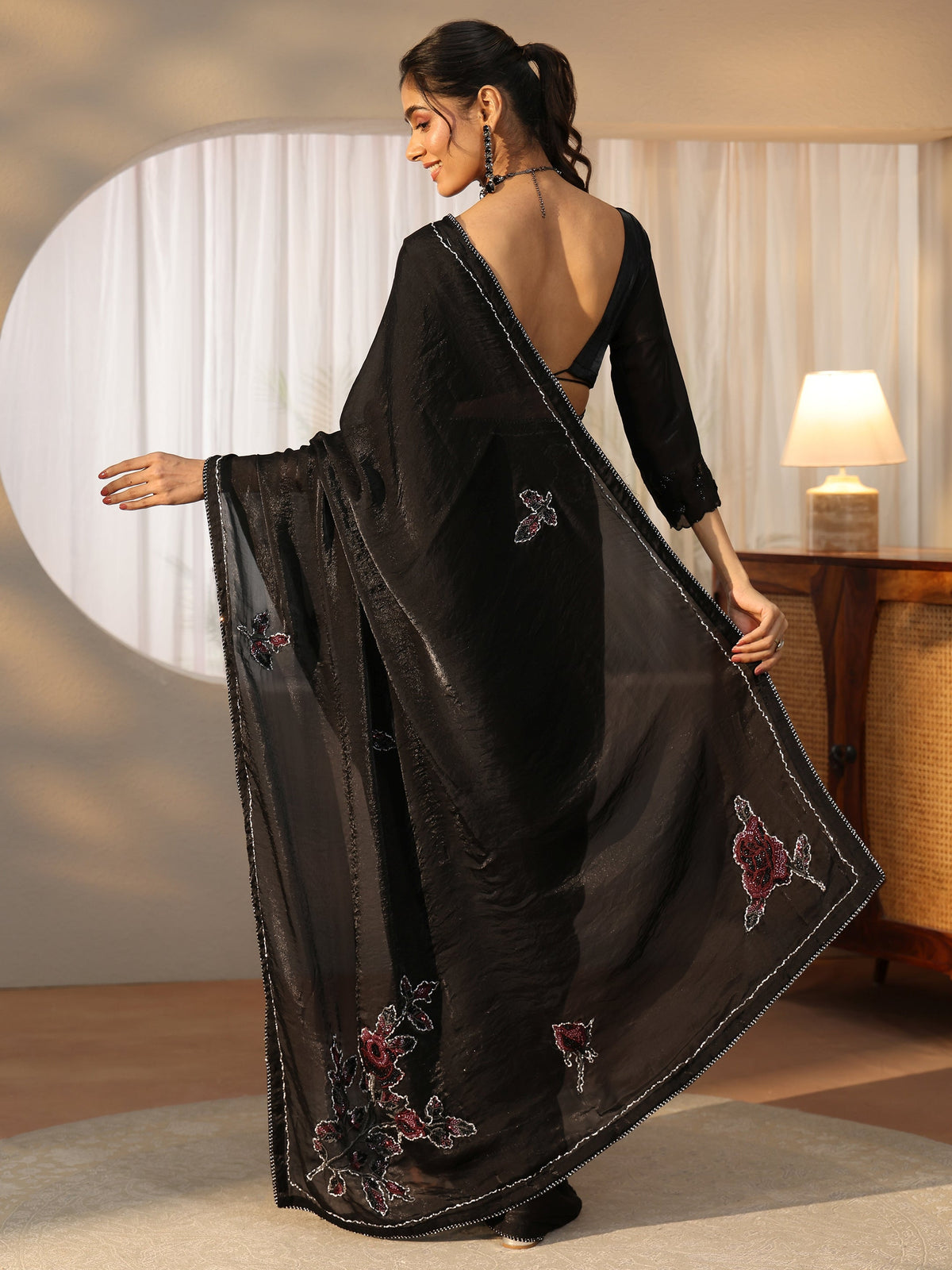 Anouk Black Floral Applique Design Satin Saree
