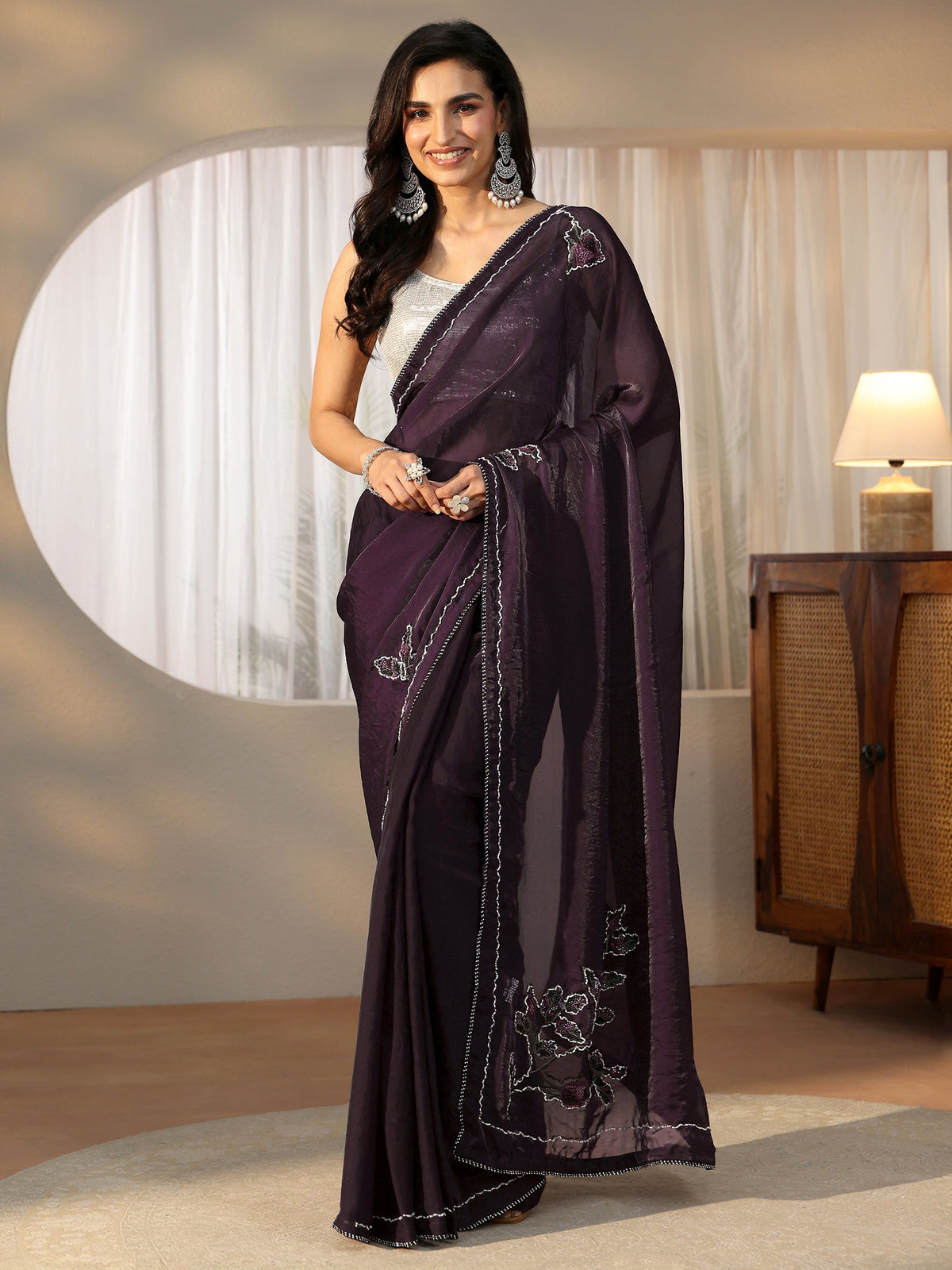 Anouk Wine Floral Embellished Satin Saree