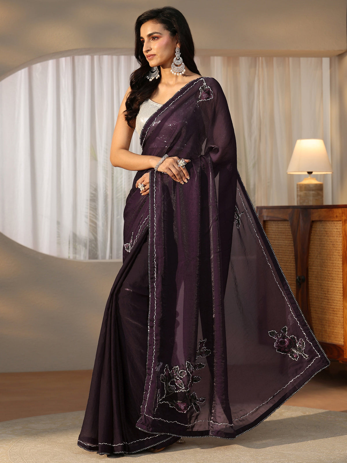 Anouk Wine Floral Embellished Satin Saree