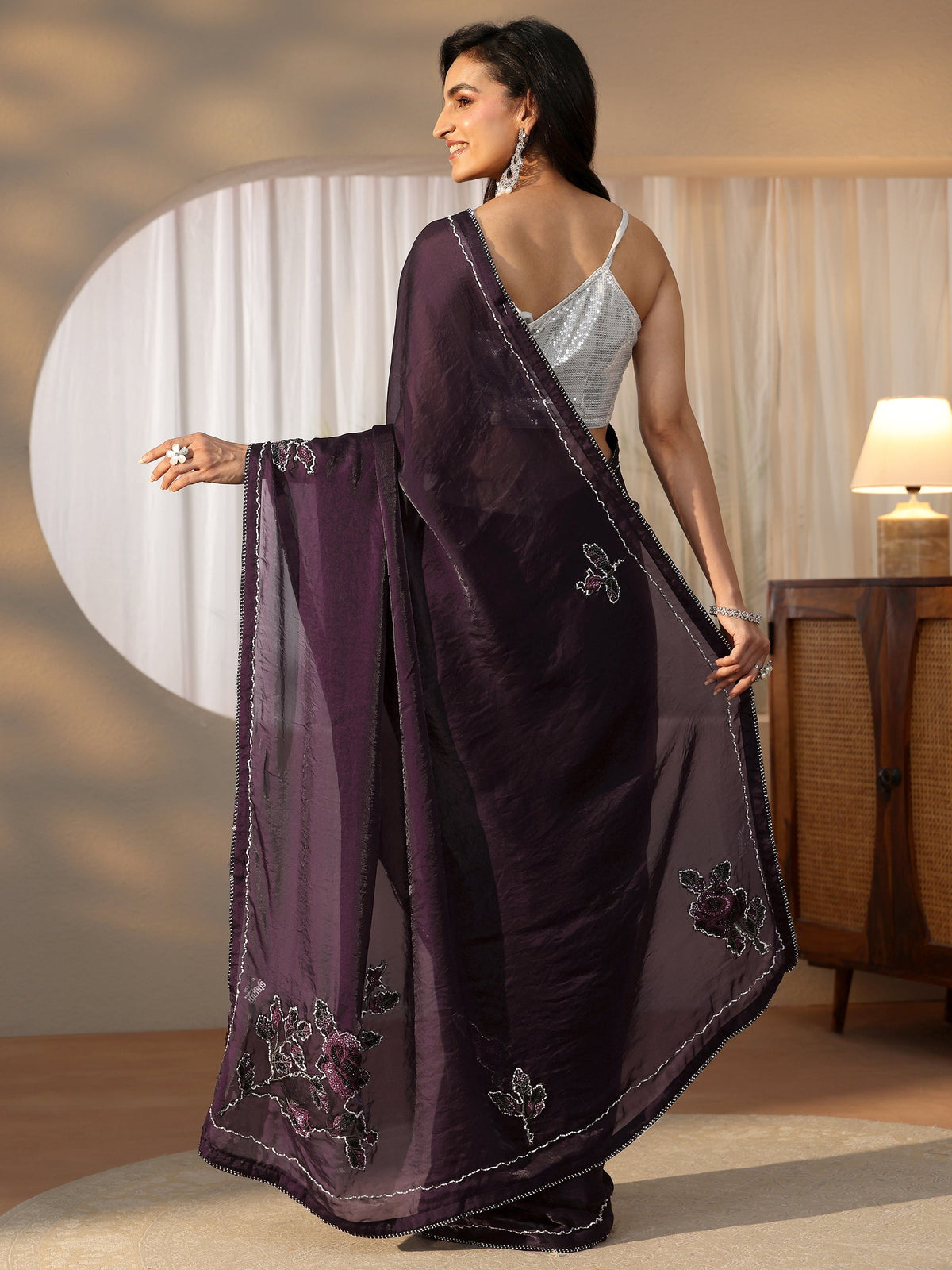 Anouk Wine Floral Embellished Satin Saree