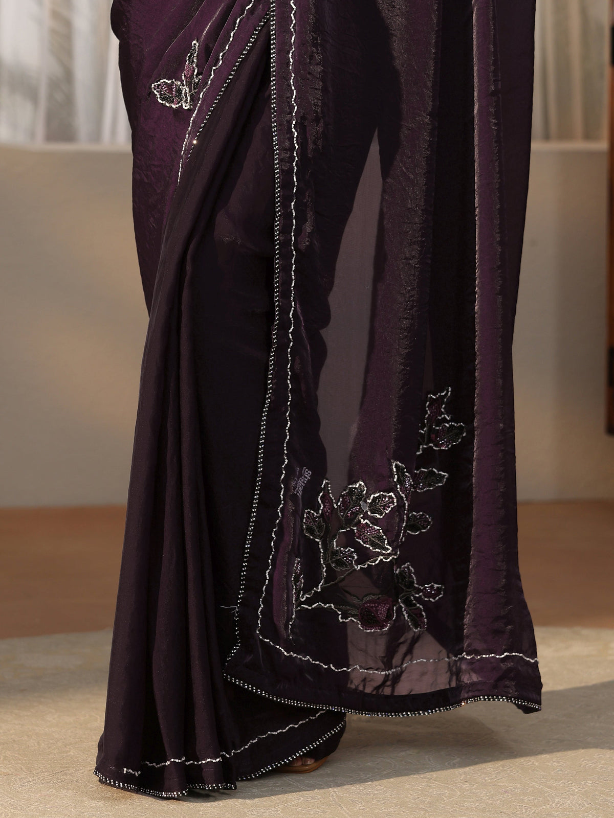 Anouk Wine Floral Embellished Satin Saree