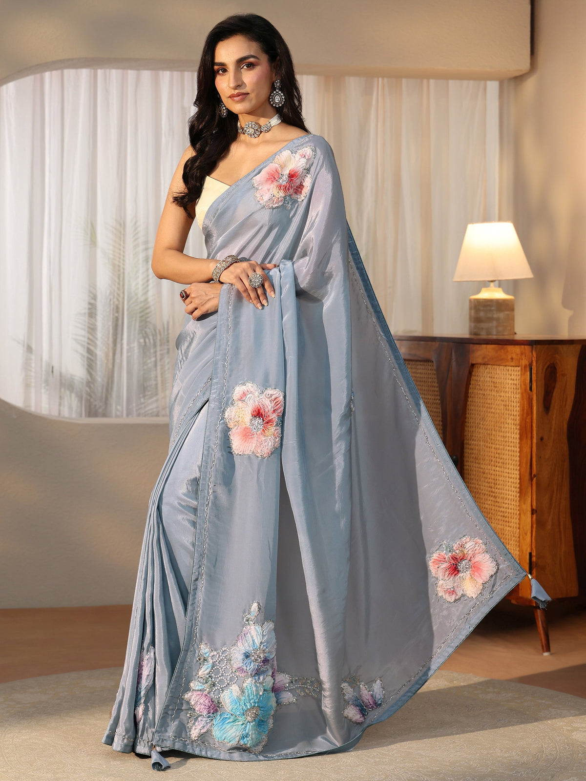 Anouk Powder Blue Floral Applique Design Satin Saree