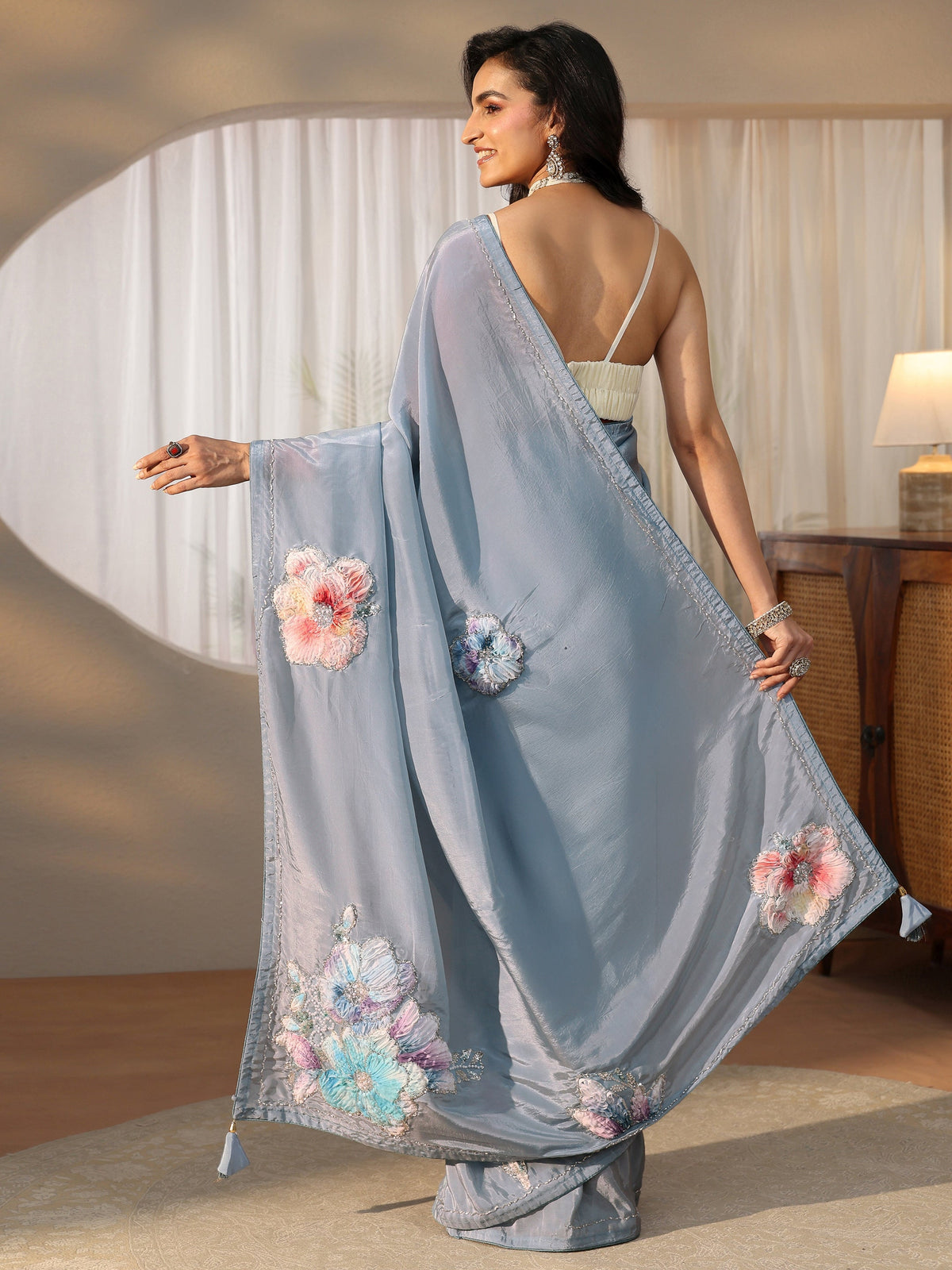 Anouk Powder Blue Floral Applique Design Satin Saree