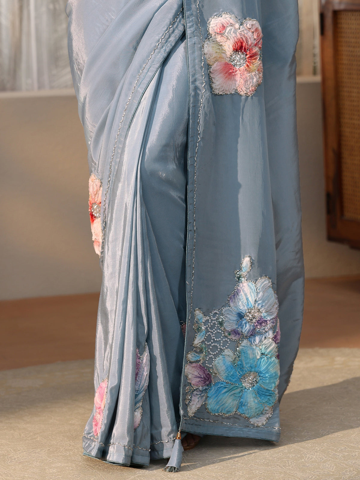 Anouk Powder Blue Floral Applique Design Satin Saree