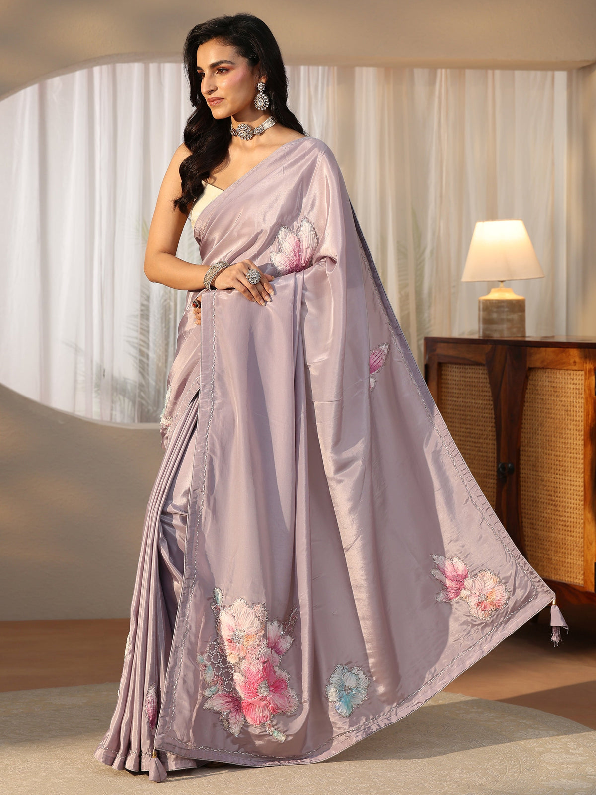 Anouk Lavender Floral Applique Design Satin Saree