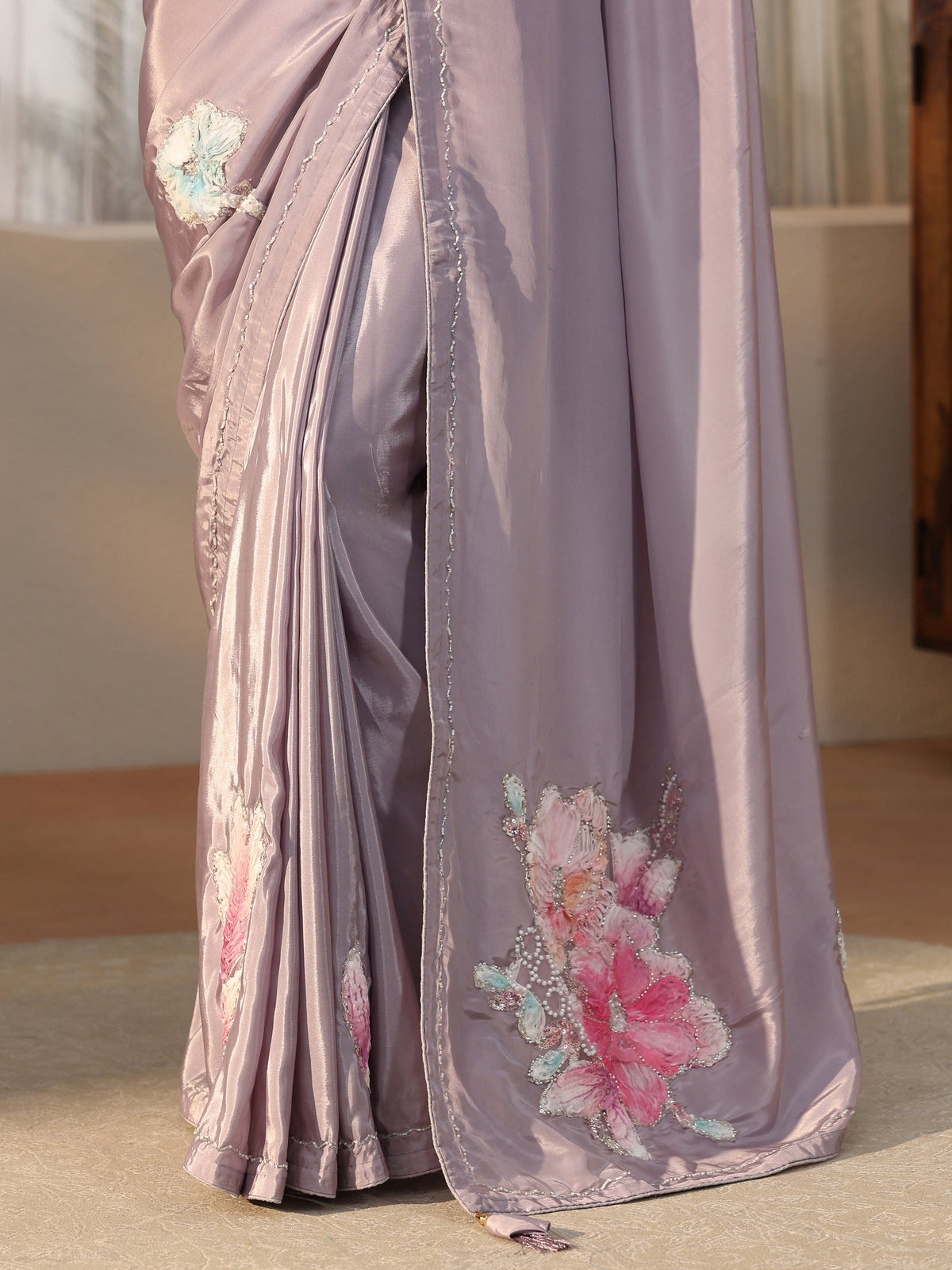 Anouk Lavender Floral Applique Design Satin Saree