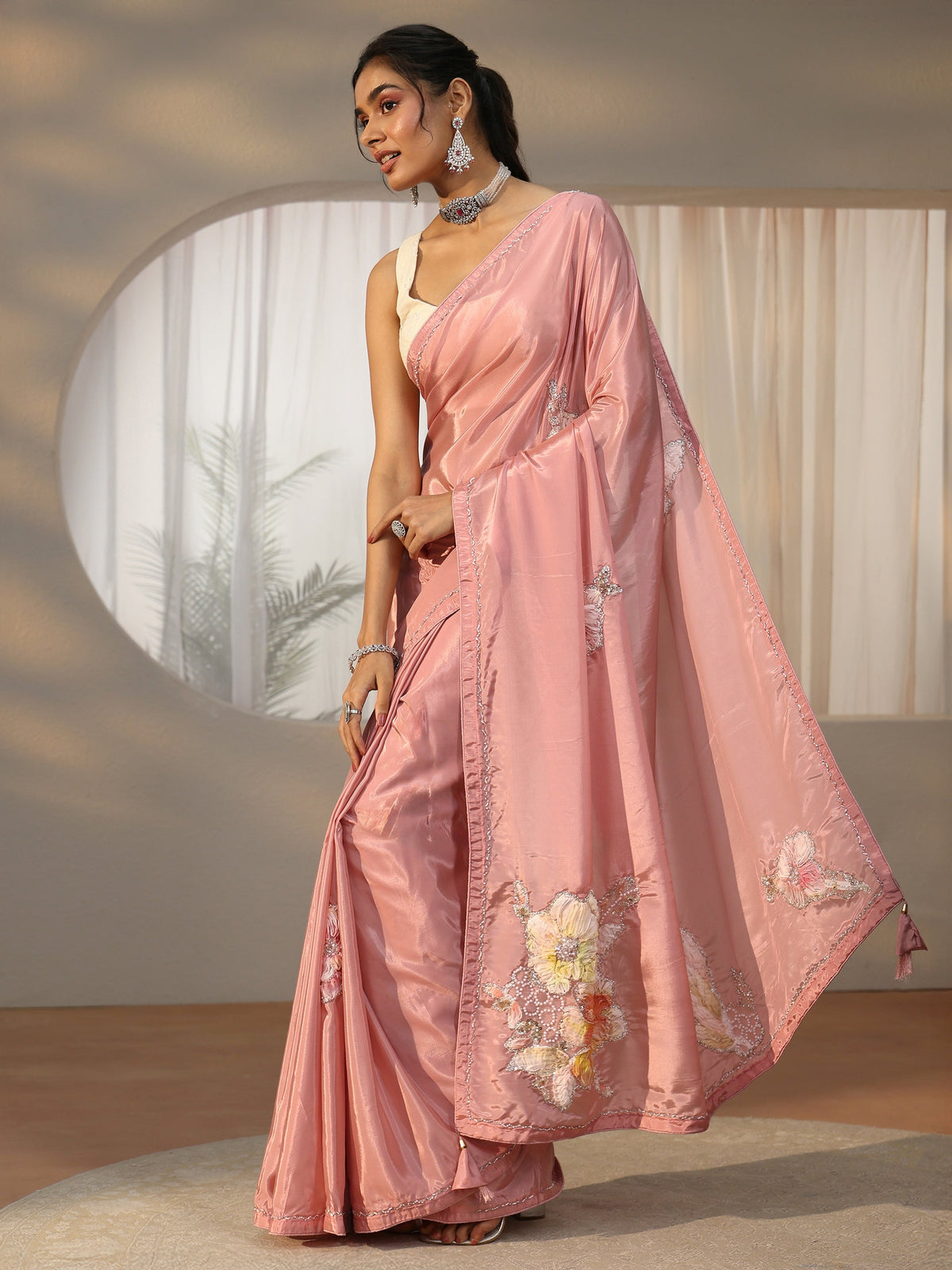 Anouk Rose Pink Floral Applique Design Satin Saree