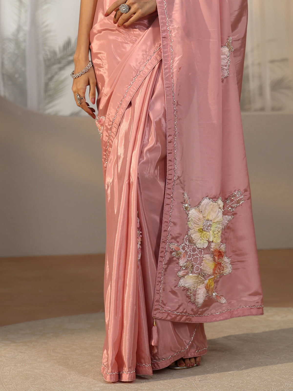 Anouk Rose Pink Floral Applique Design Satin Saree