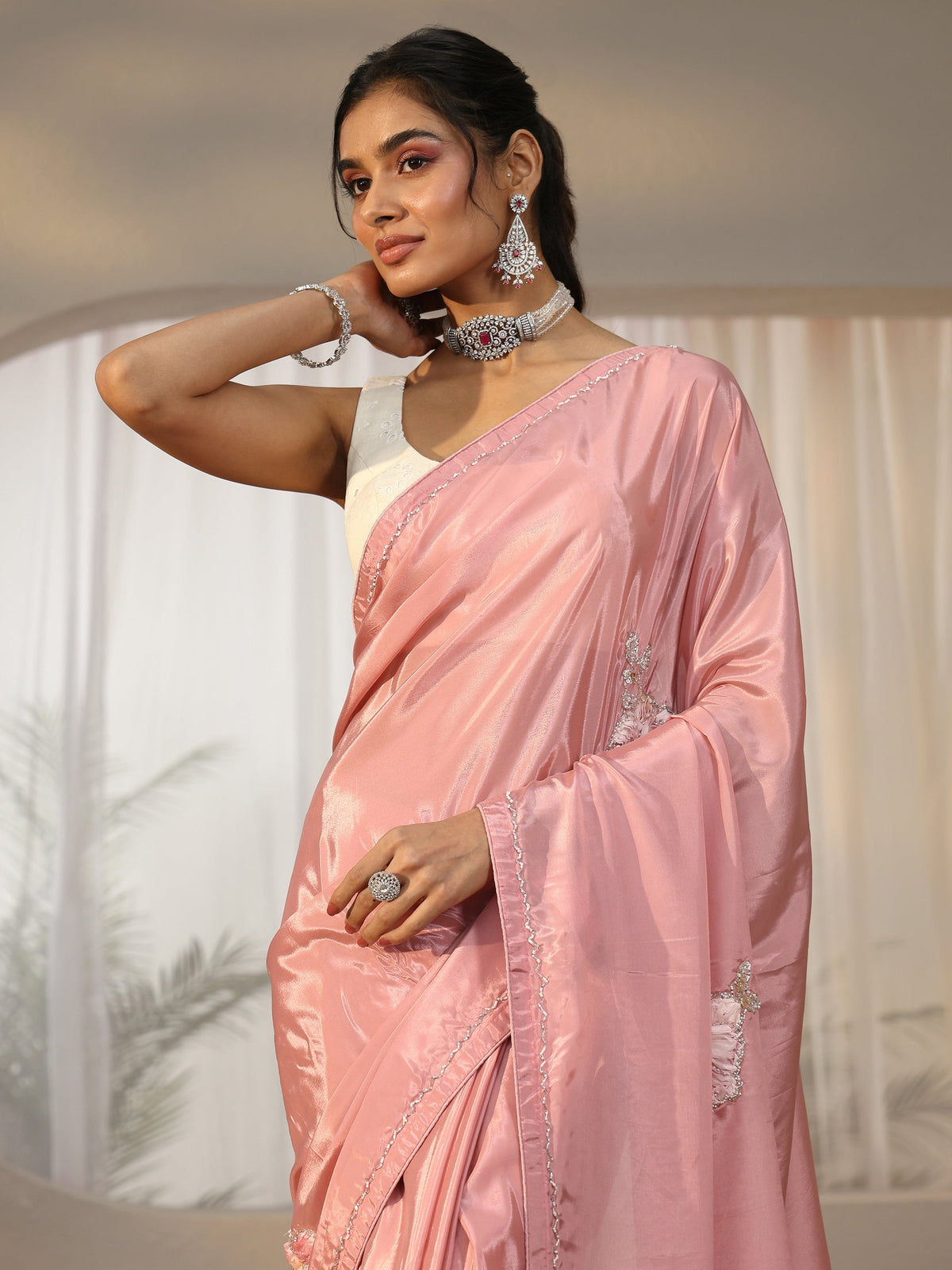 Anouk Rose Pink Floral Applique Design Satin Saree