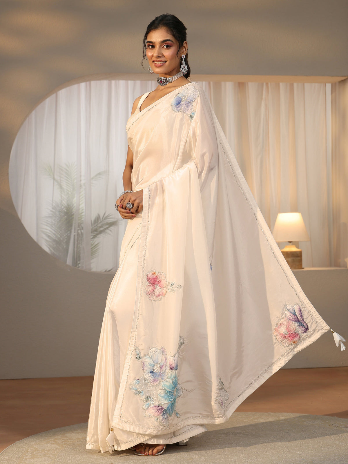 Anouk Cream Floral Applique Design Satin Saree