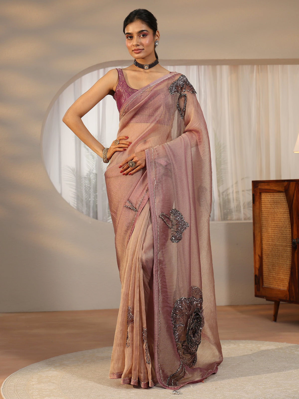 Anouk Art Anouk Art Mauve Sequined Floral Applique Tissue Saree