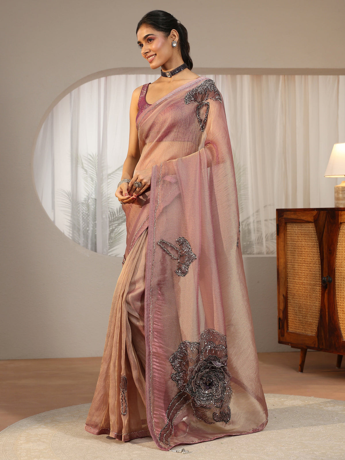Anouk Art Anouk Art Mauve Sequined Floral Applique Tissue Saree
