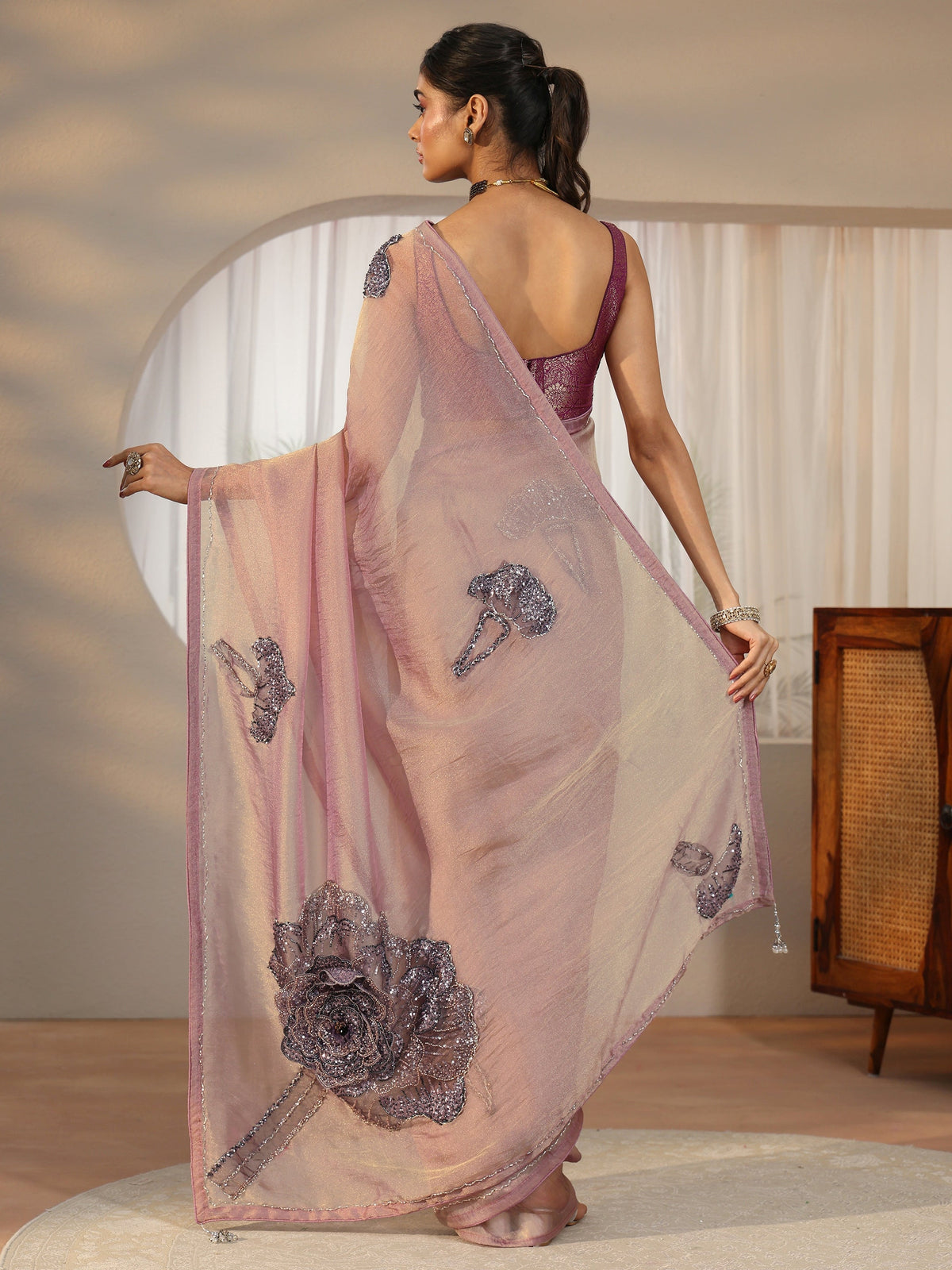 Anouk Art Anouk Art Mauve Sequined Floral Applique Tissue Saree