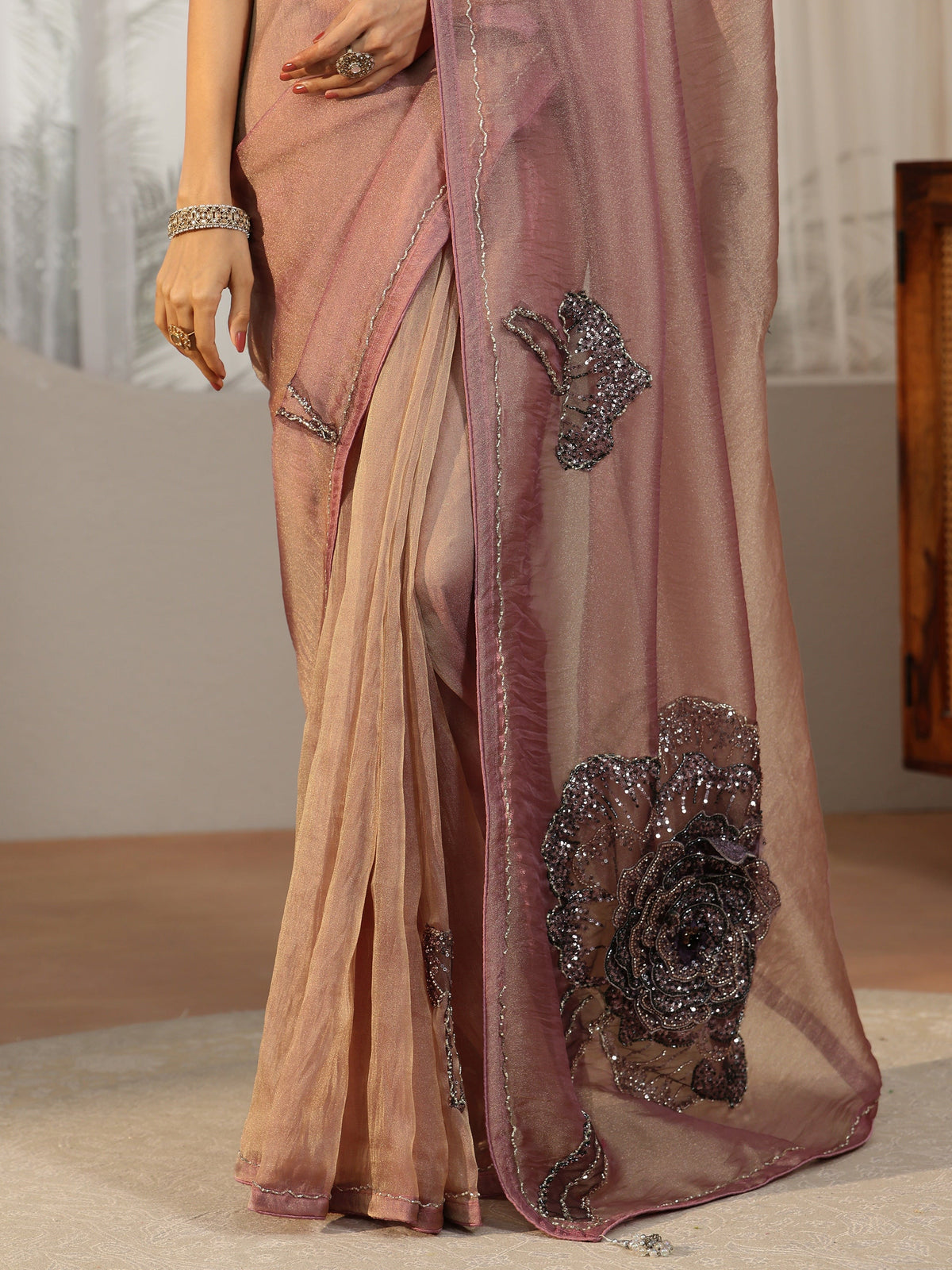Anouk Art Anouk Art Mauve Sequined Floral Applique Tissue Saree