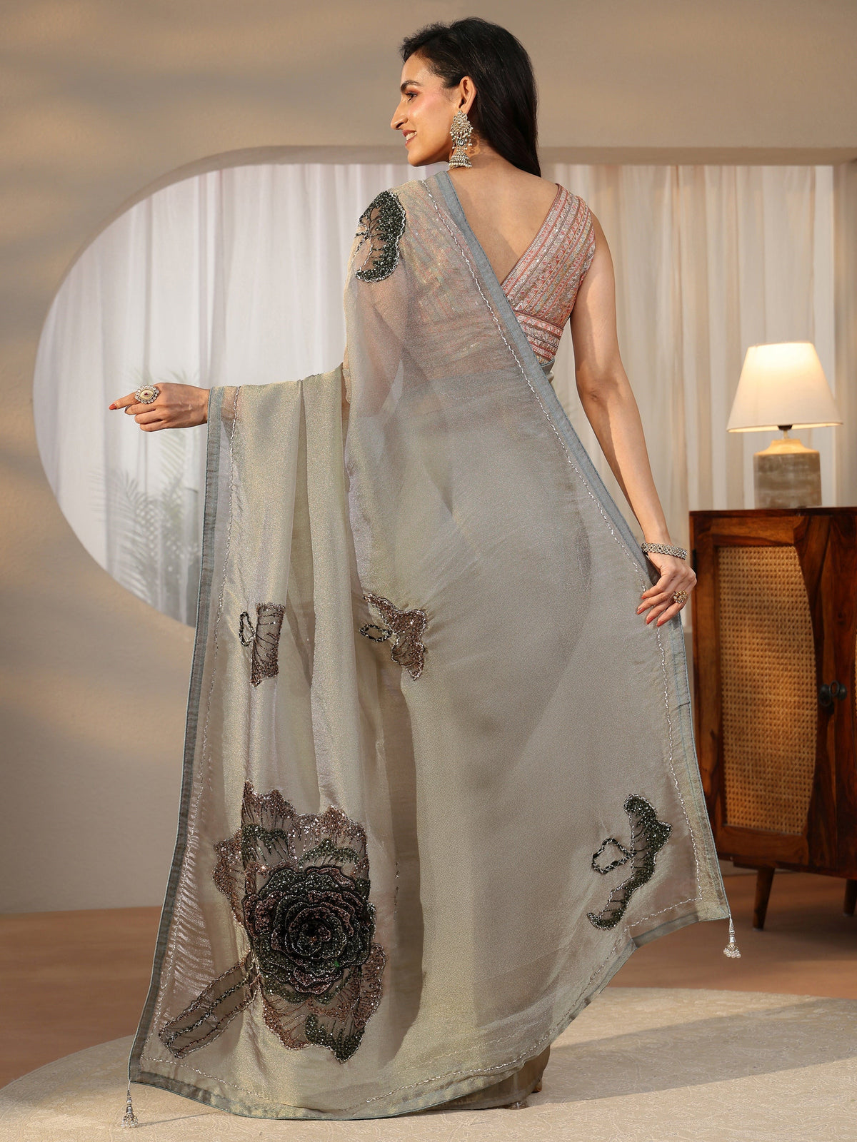 Anouk Art Anouk Art Blue Sequined Floral Applique Tissue Saree
