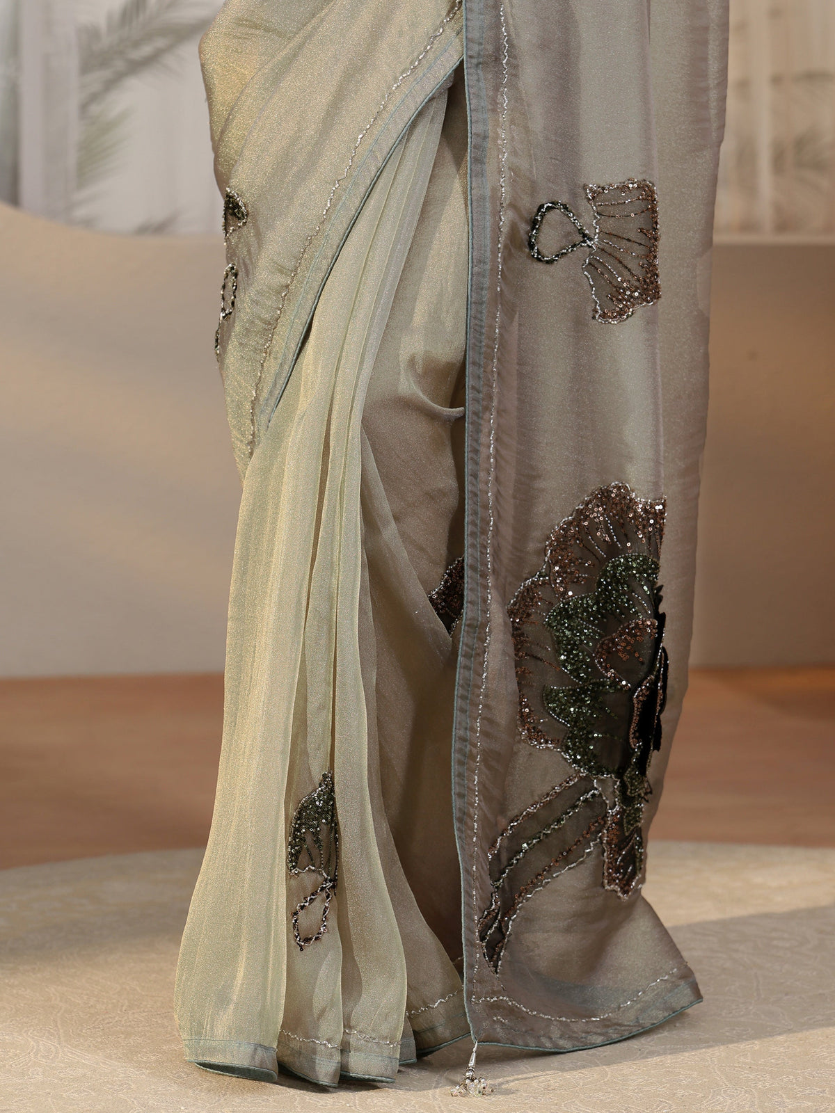 Anouk Art Anouk Art Blue Sequined Floral Applique Tissue Saree