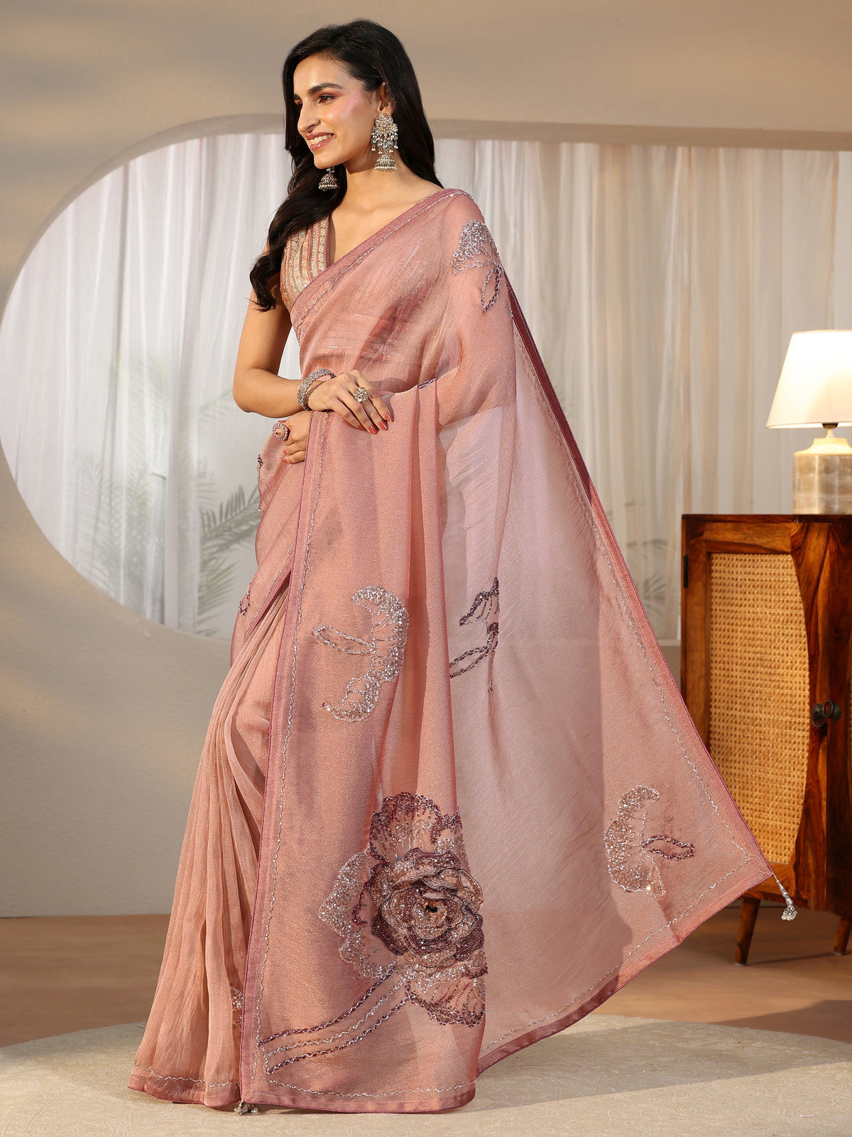 Anouk Art Anouk Art Peach Pink Sequined Floral Applique Tissue Saree