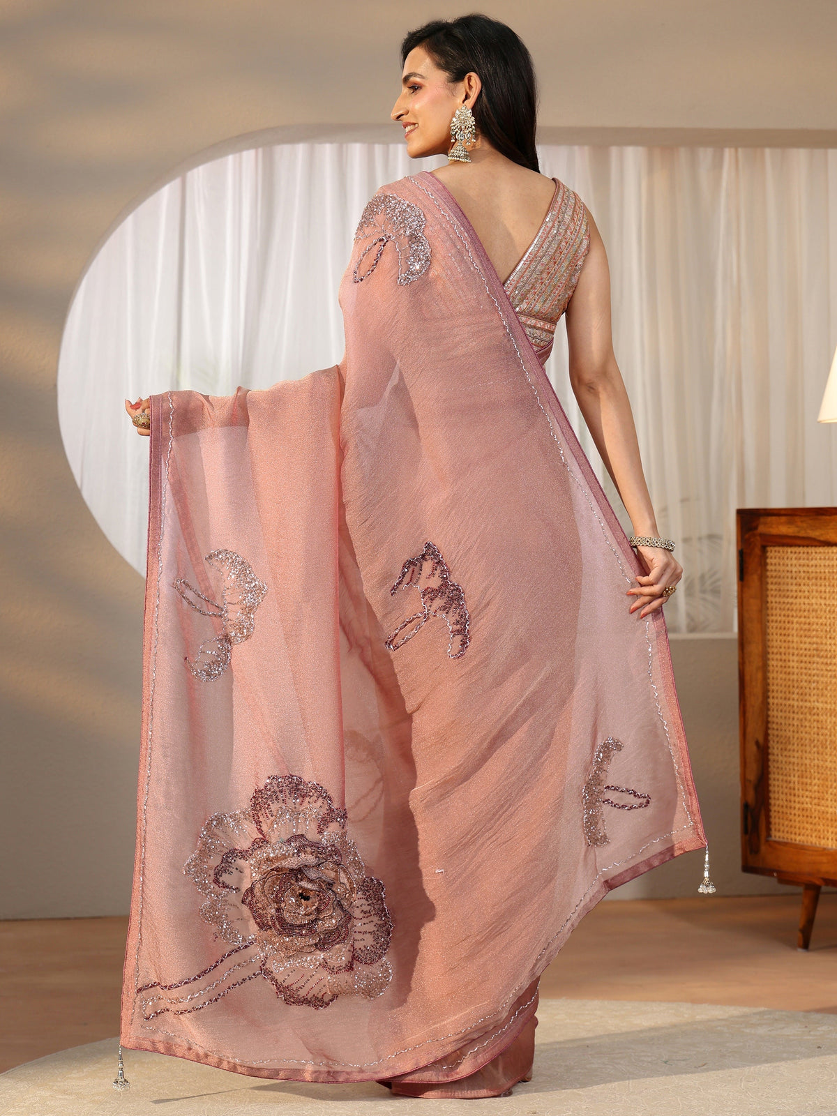 Anouk Art Anouk Art Peach Pink Sequined Floral Applique Tissue Saree