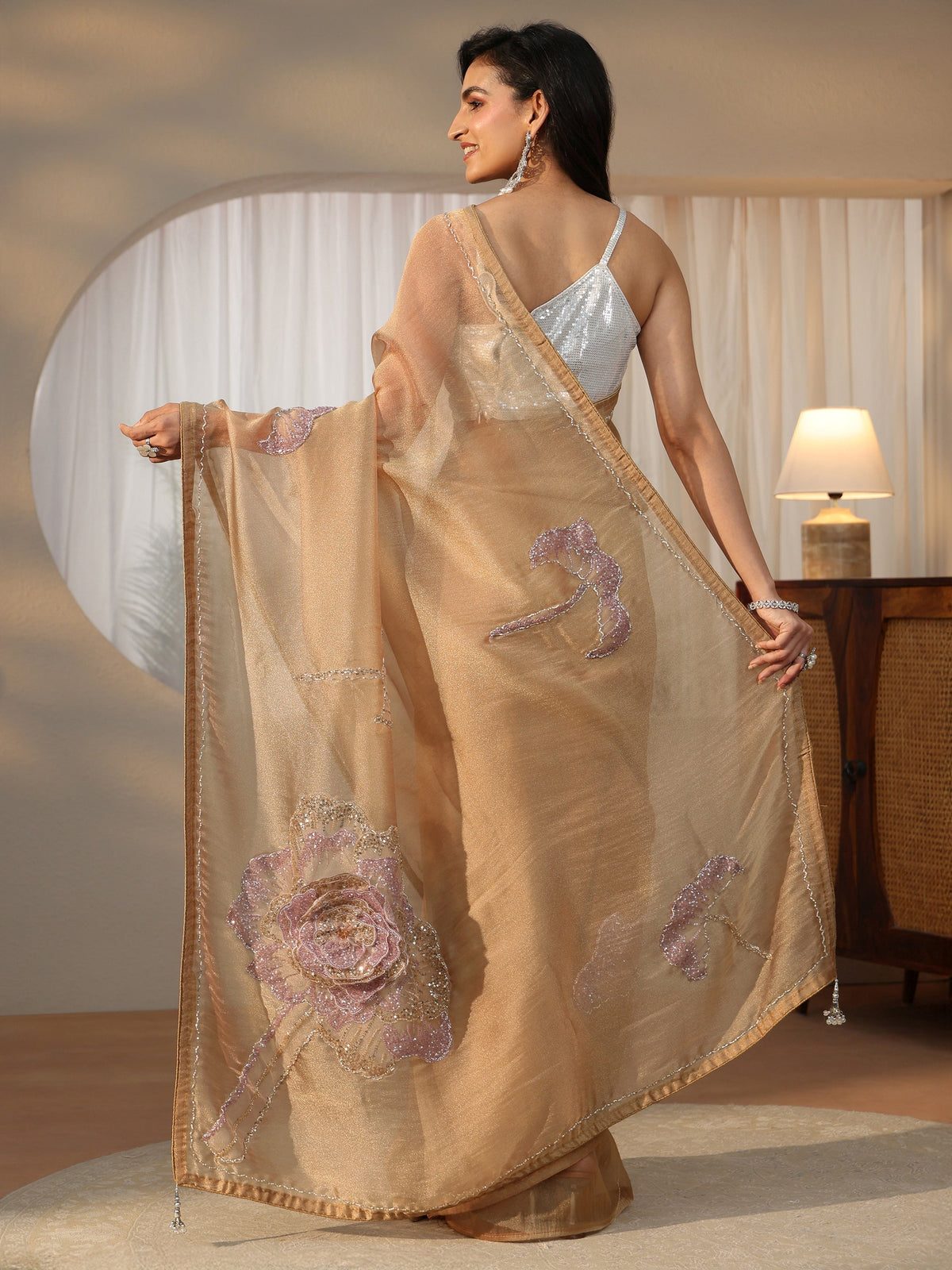 Anouk Art Anouk Art Gold Sequined Floral Applique Tissue Saree
