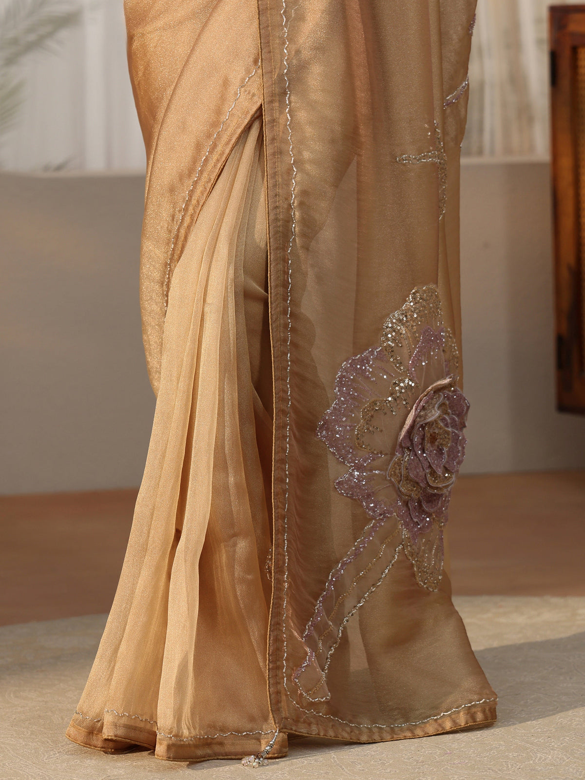 Anouk Art Anouk Art Gold Sequined Floral Applique Tissue Saree