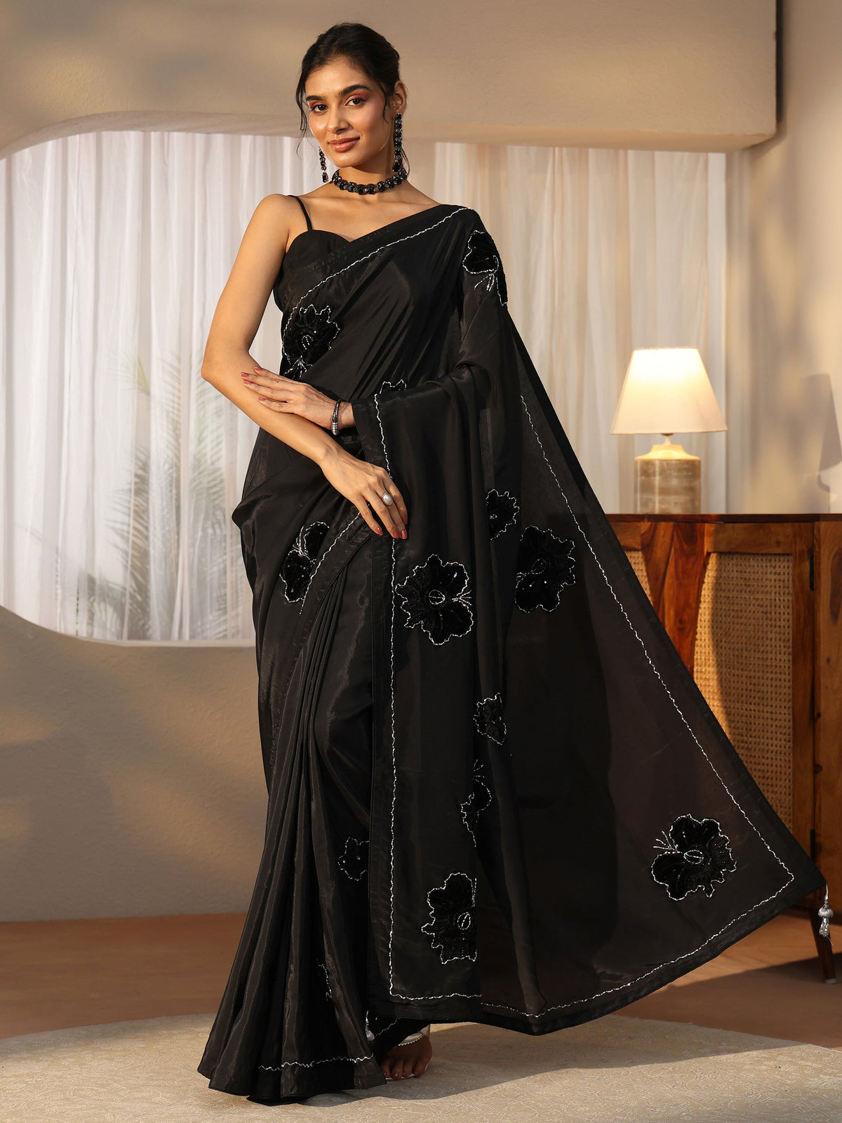 Anouk Black Floral Applique Design Satin Saree