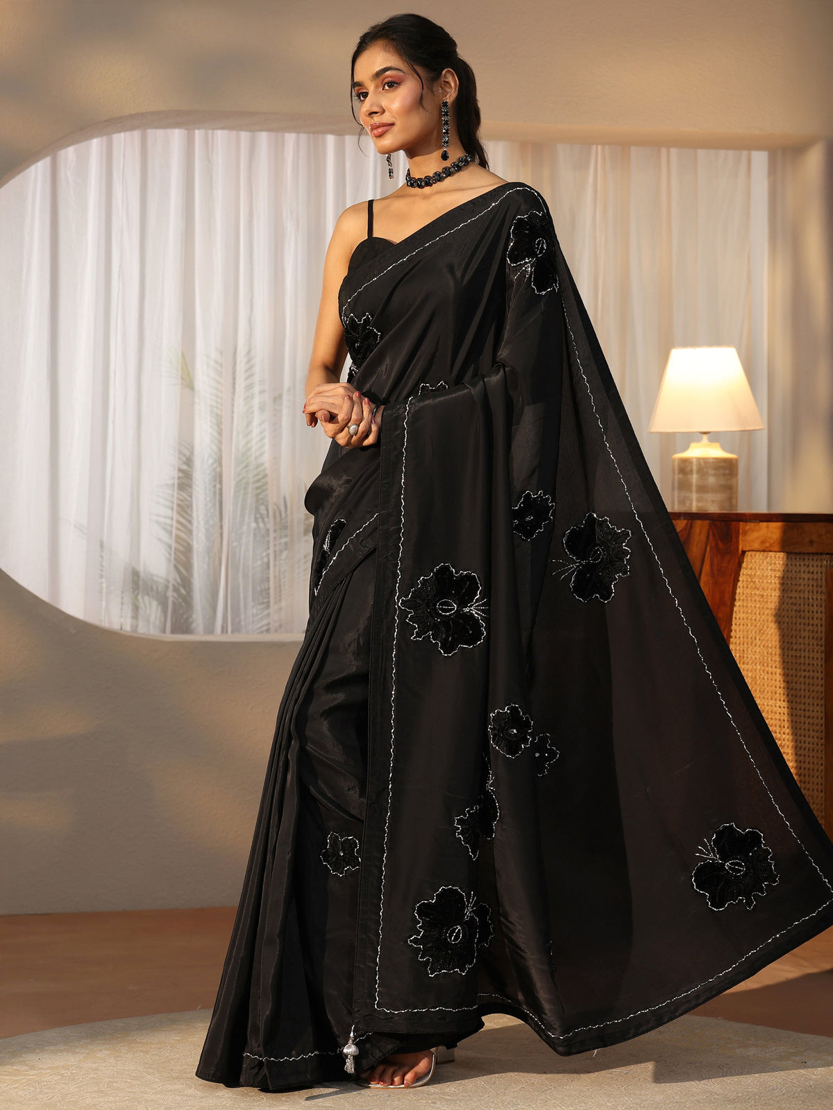 Anouk Black Floral Applique Design Satin Saree