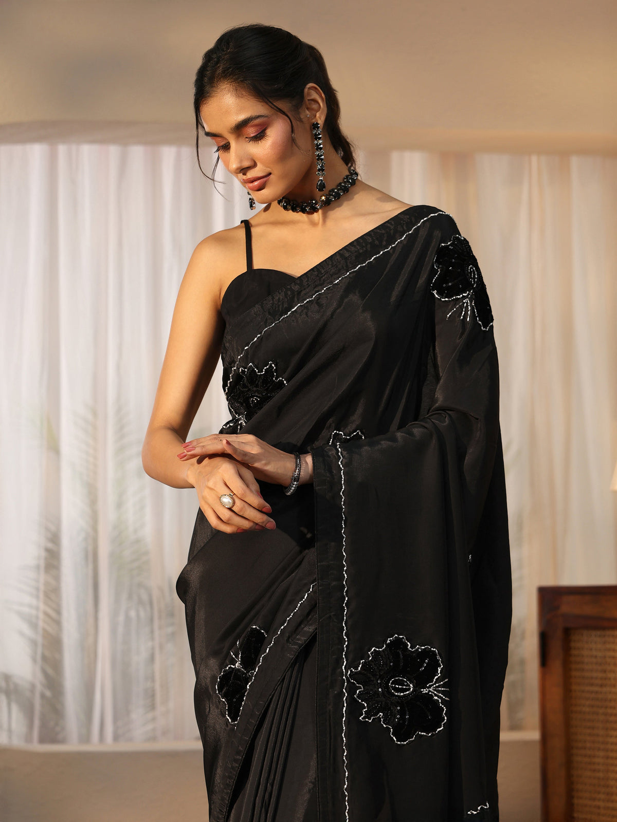 Anouk Black Floral Applique Design Satin Saree