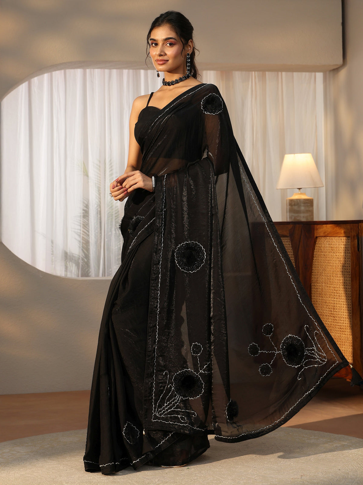 Anouk Black 3D Beaded Applique Tissue Saree