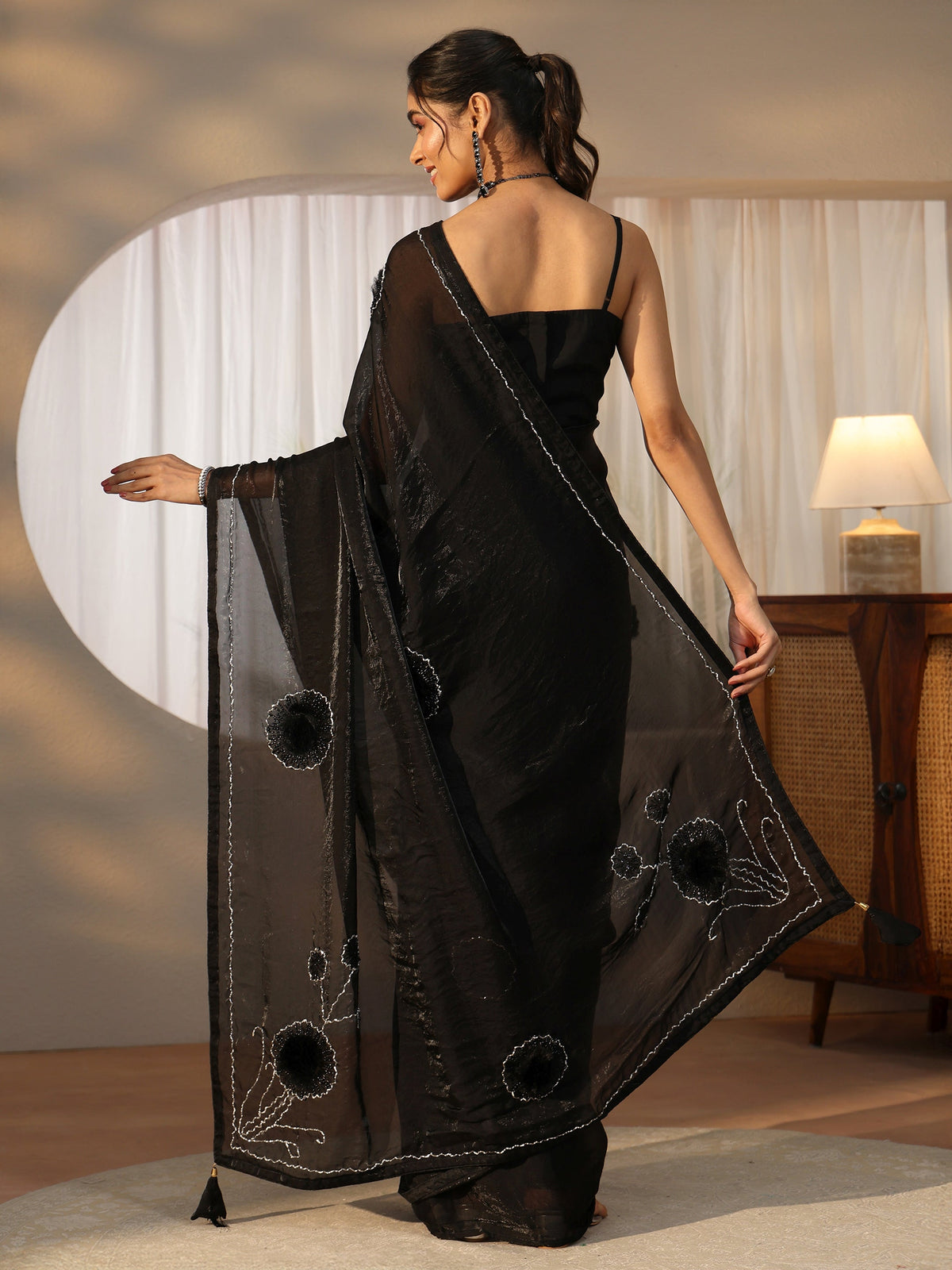 Anouk Black 3D Beaded Applique Tissue Saree