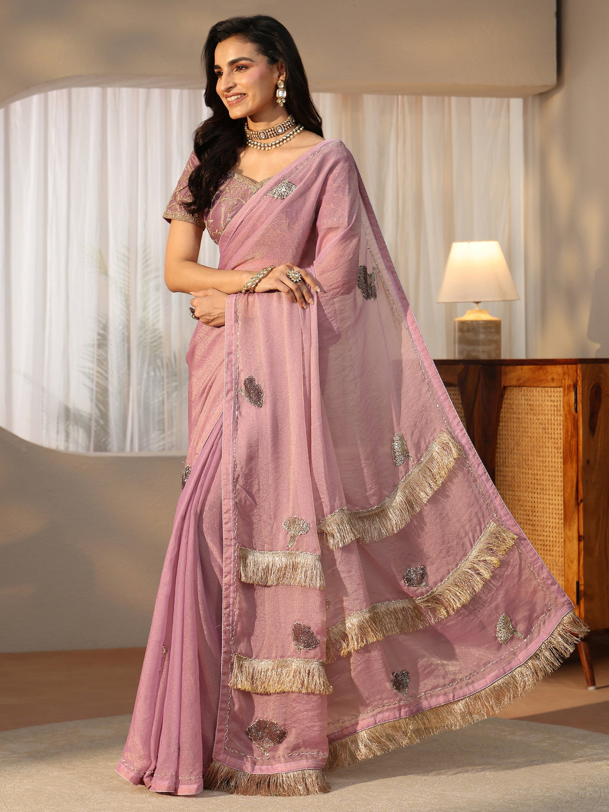 Anouk Lilac Tissue Saree with Tassel Embellished Pallu