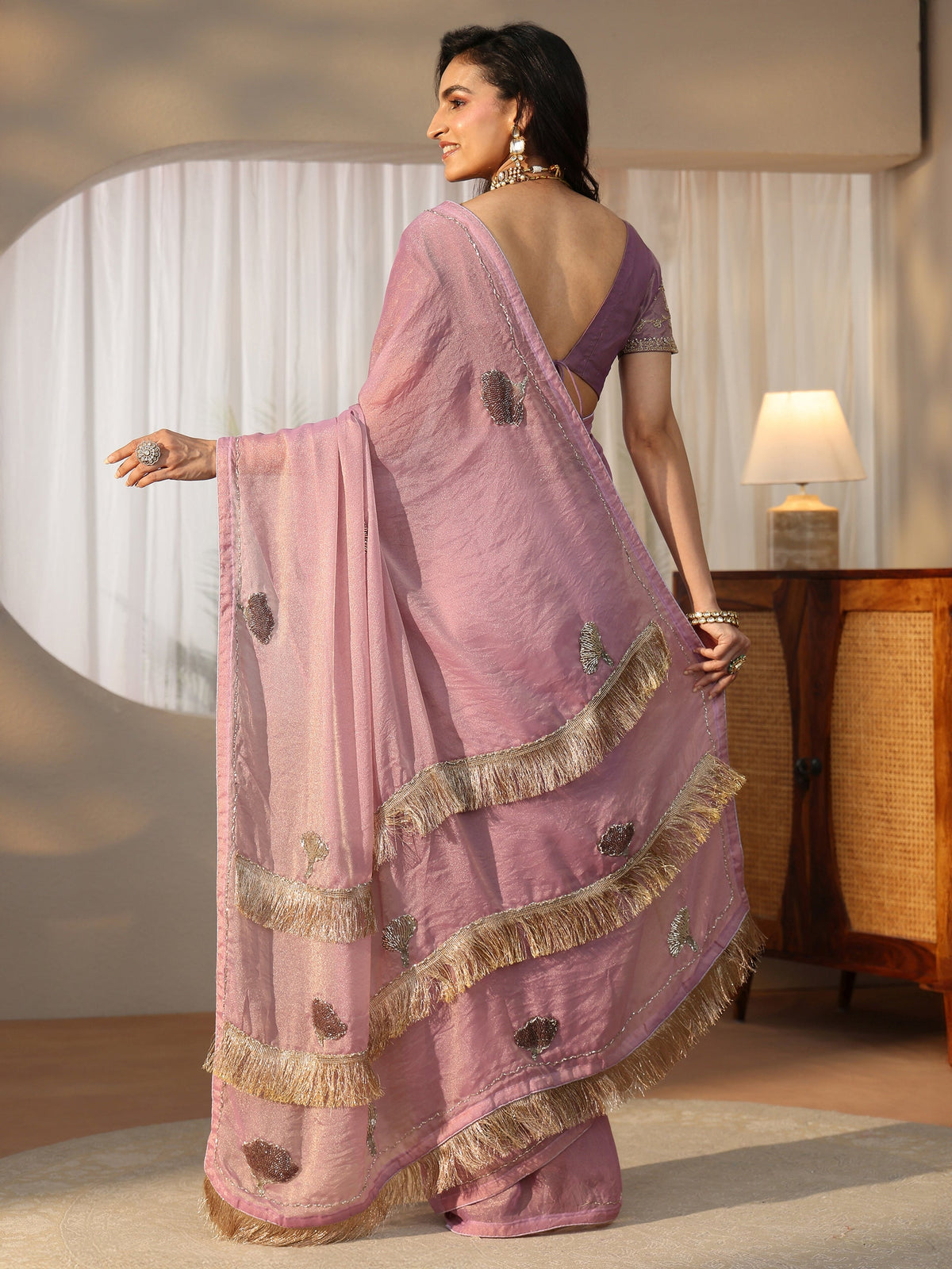 Anouk Lilac Tissue Saree with Tassel Embellished Pallu