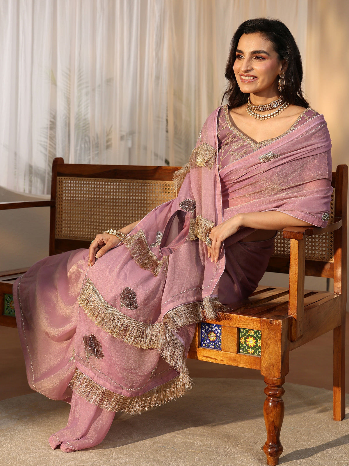 Anouk Lilac Tissue Saree with Tassel Embellished Pallu
