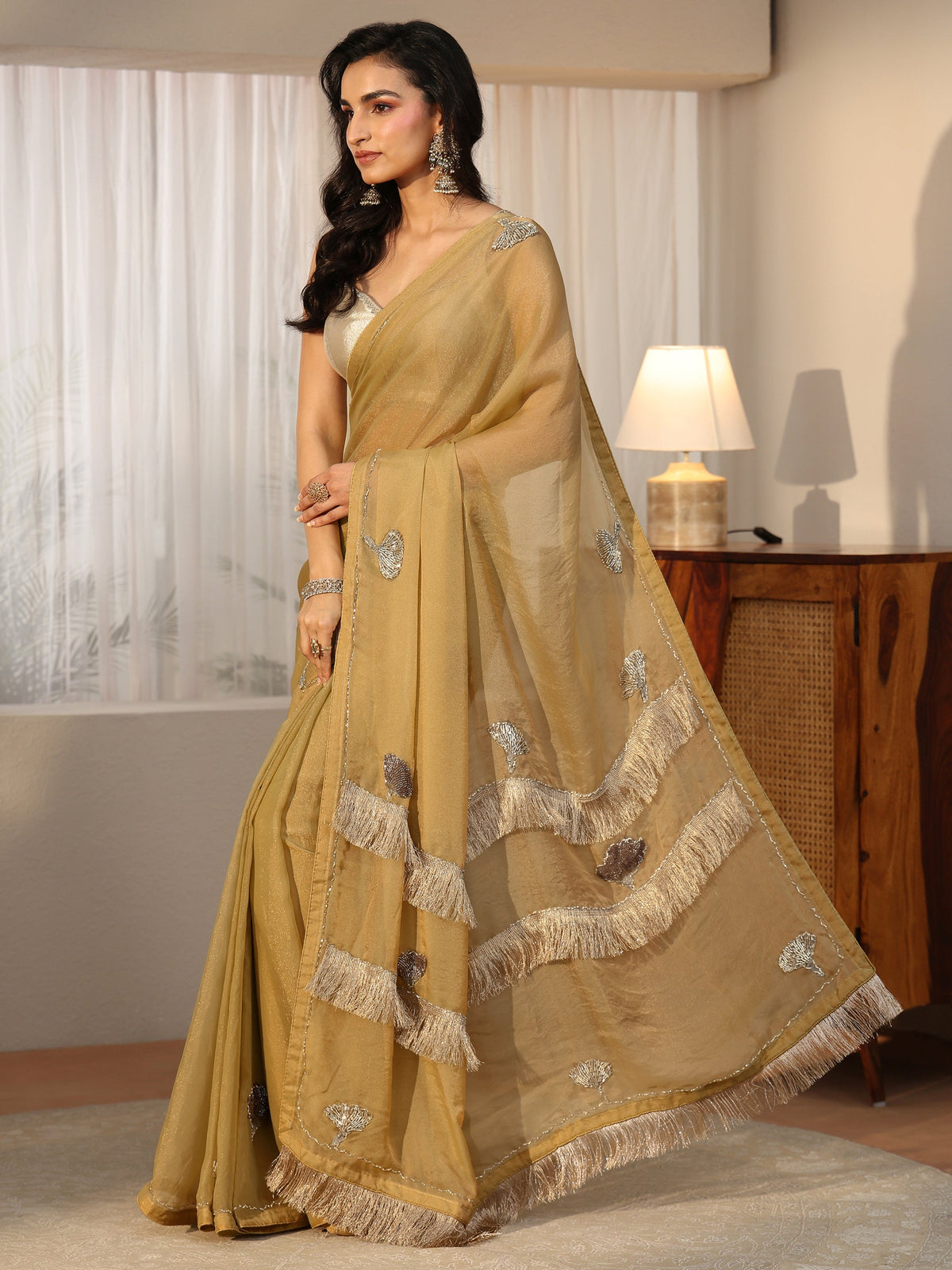 Anouk Henna Green Tissue Saree with Tassel Embellished Pallu
