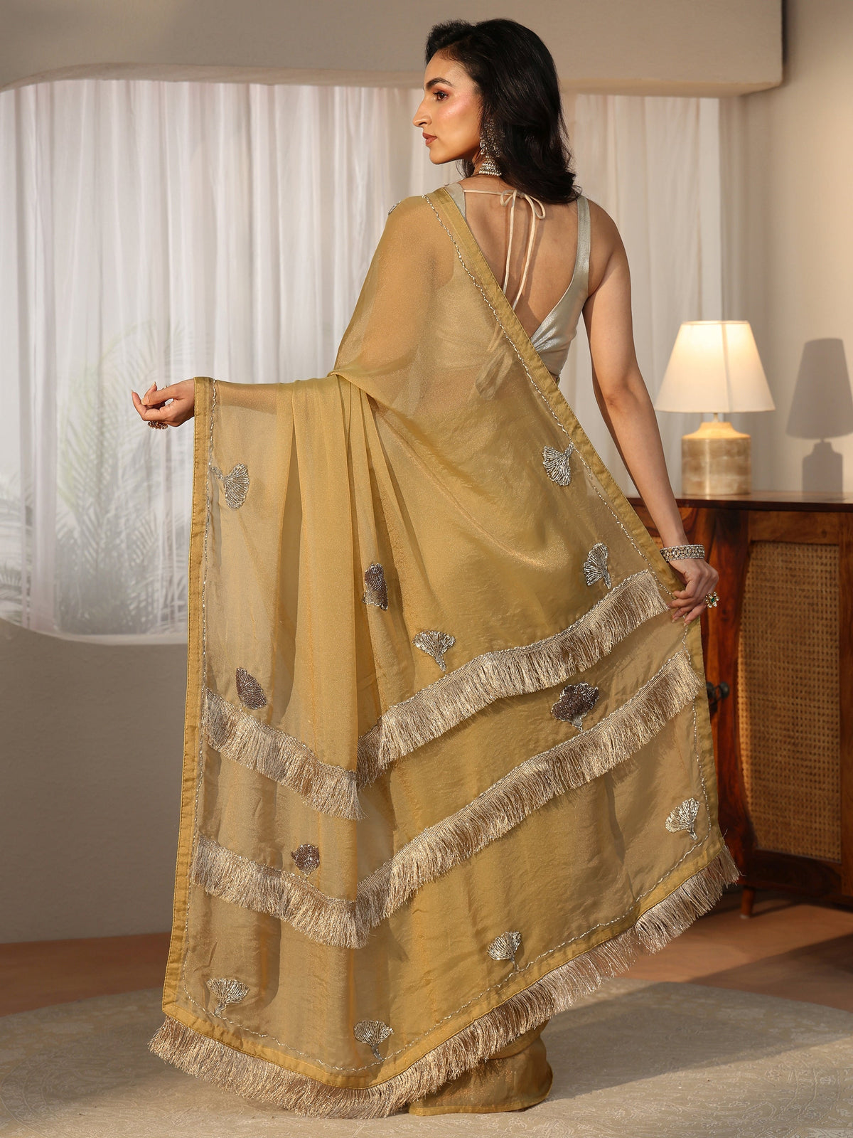 Anouk Henna Green Tissue Saree with Tassel Embellished Pallu