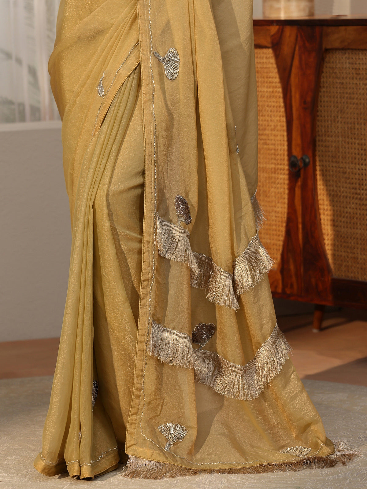 Anouk Henna Green Tissue Saree with Tassel Embellished Pallu