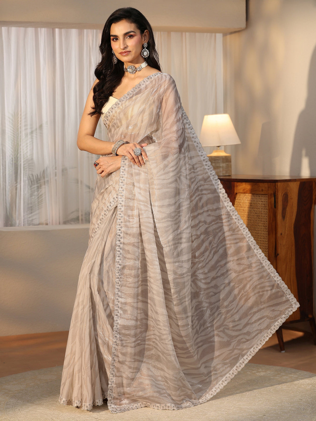 Anouk Off White Wavy Textured Tissue Saree