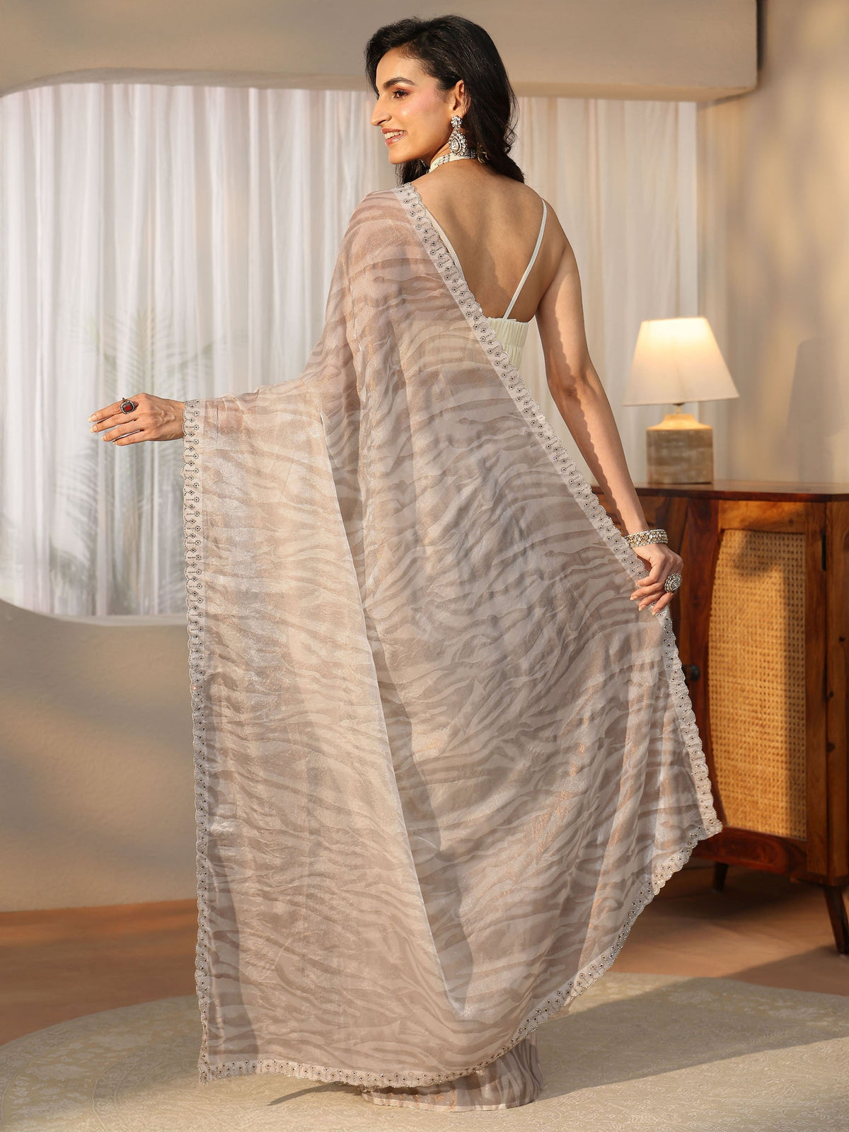 Anouk Off White Wavy Textured Tissue Saree